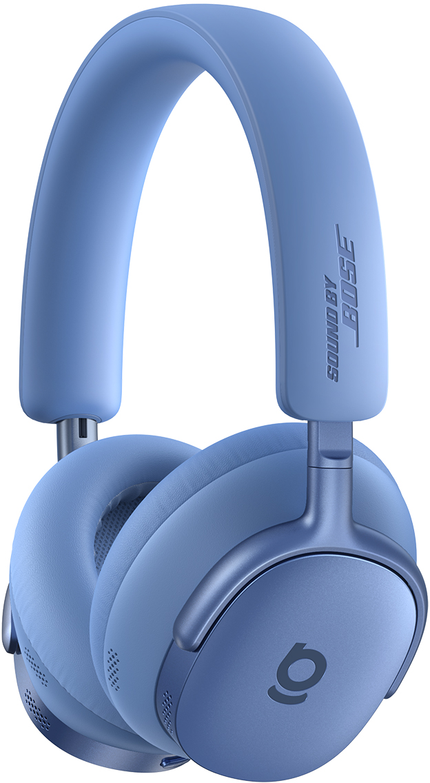 Kék Bose fejhallgató. A fejpánt a tetején ível. A fülkagylókon logó van. A "SOUND BY BOSE" felirat látható.