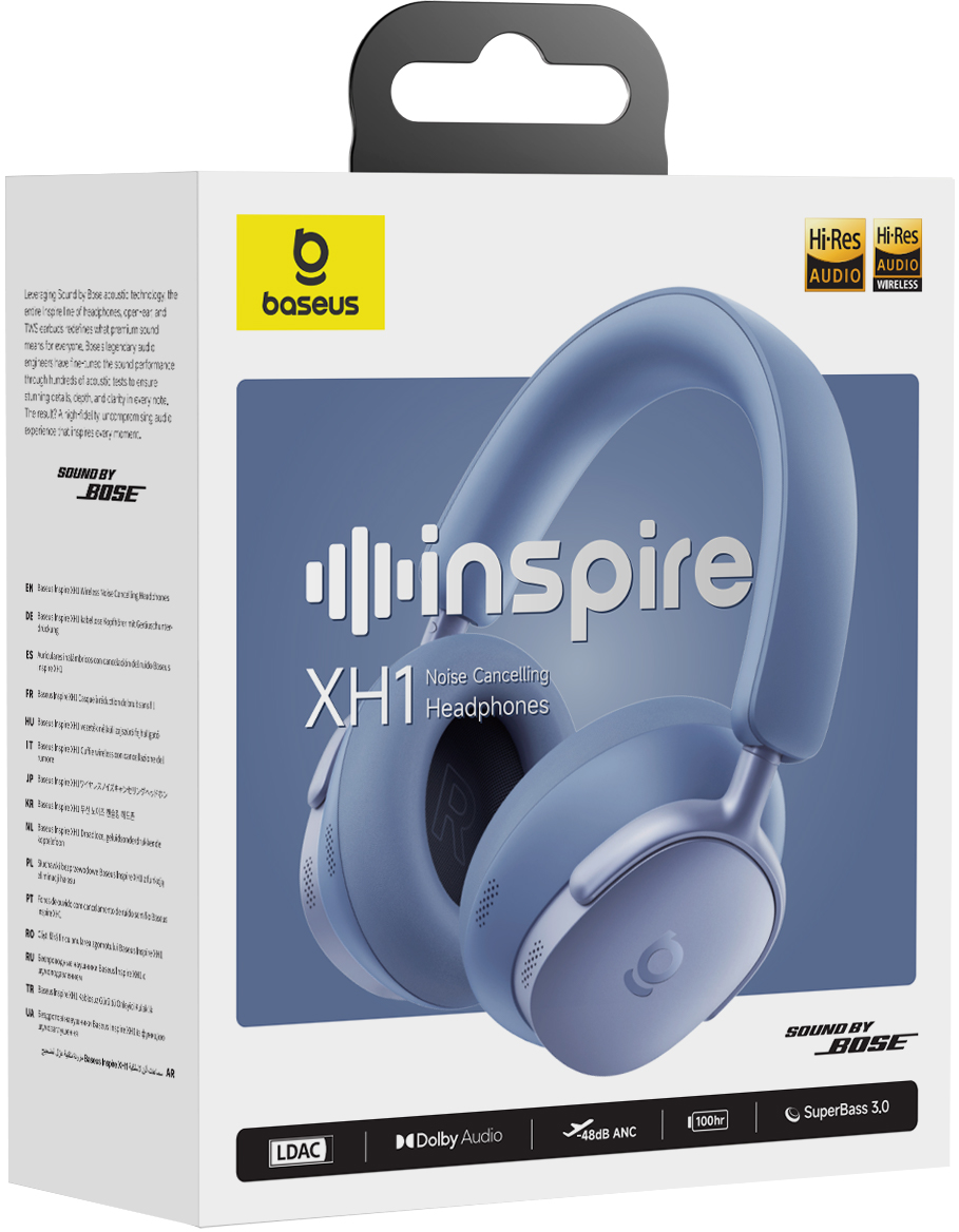 Kék Baseus XH1 zajszűrős fejhallgató, Bose márkajelzéssel és Hi-Res Audio címkékkel.