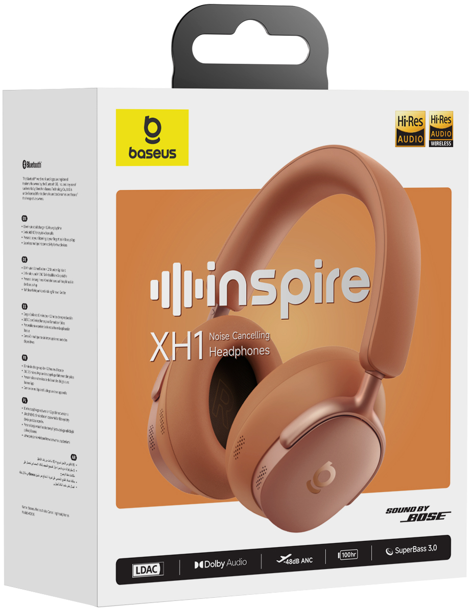 Baseus XH1 zajszűrős fejhallgató doboza, bronz színben. Jellemzők: Hi-Res audio, Dolby és SuperBass 3.0.