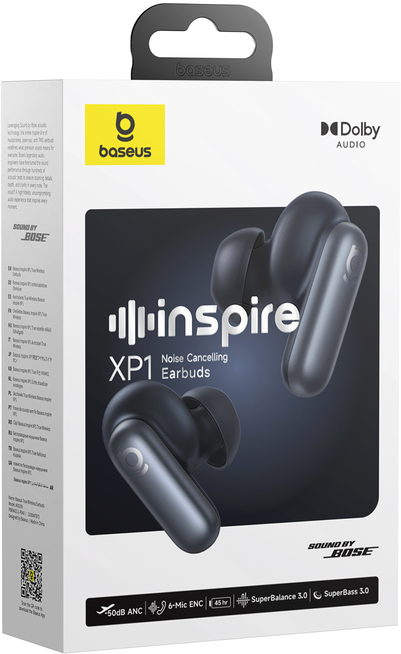 Baseus Inspire XP1 zajszűrős fülhallgató doboza. Dolby audióval és Sound by Bose-zal. Sötétszürke fülhallgatók láthatók.