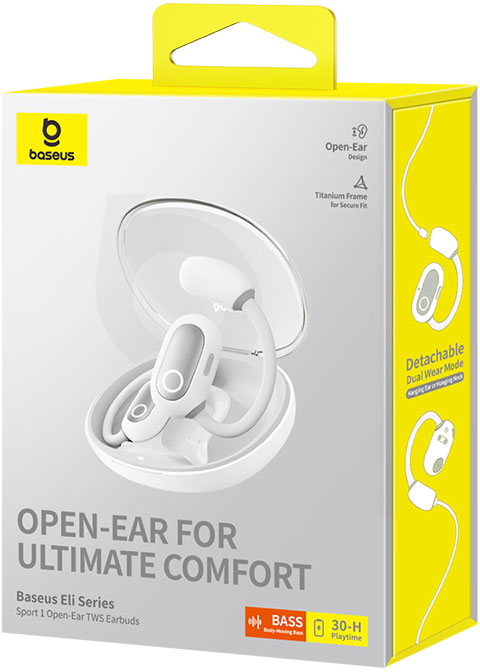 Fehér Baseus fülhallgatók egy dobozban. A szöveg a következő: „Open-Ear for Ultimate Comfort”. A doboz fehér és sárga.