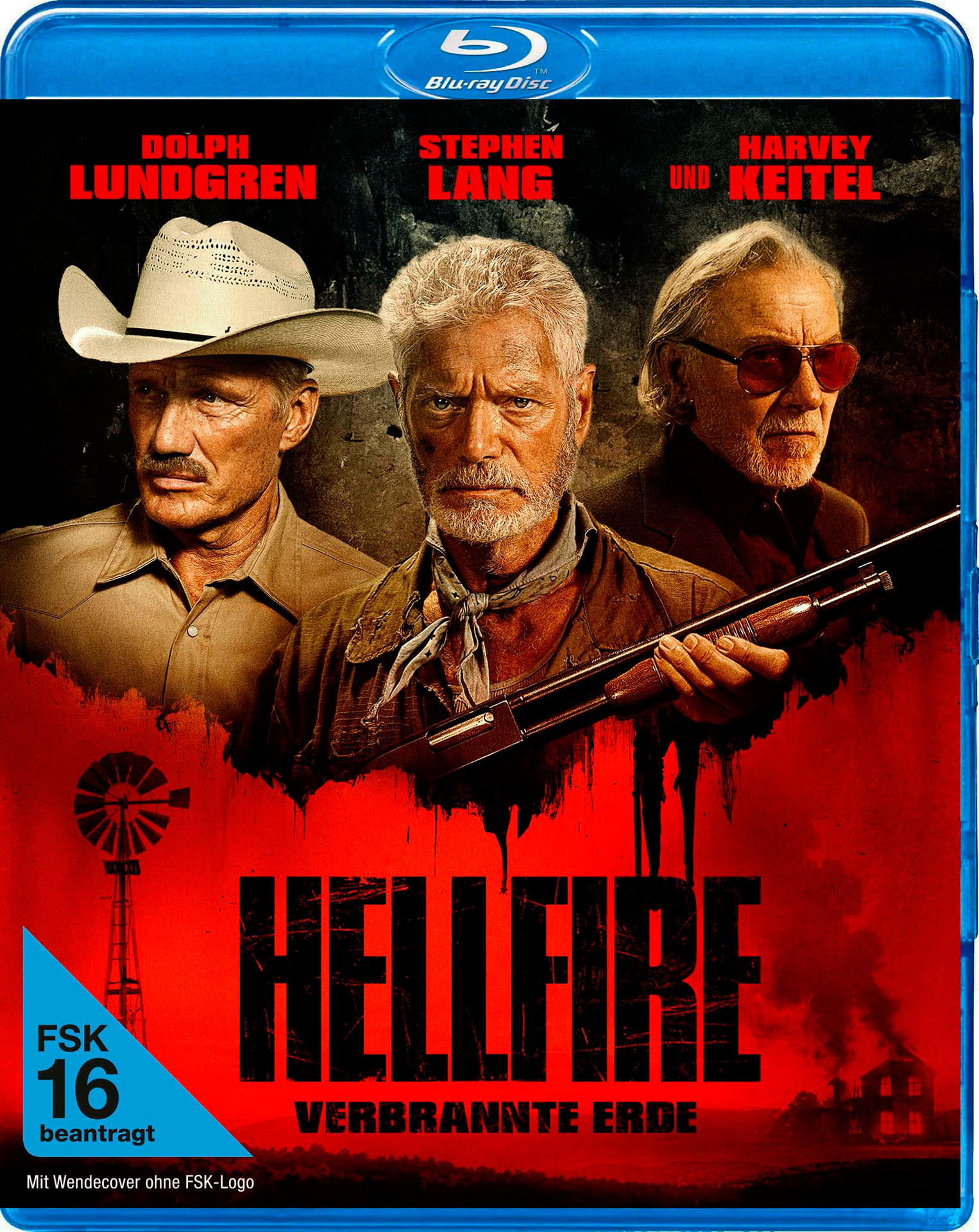 Blu-ray-Cover: Lundgren, Lang, Keitel. Roter Hellfire-Titel, Windmühle, brennendes Haus. FSK 16 Bewertung.