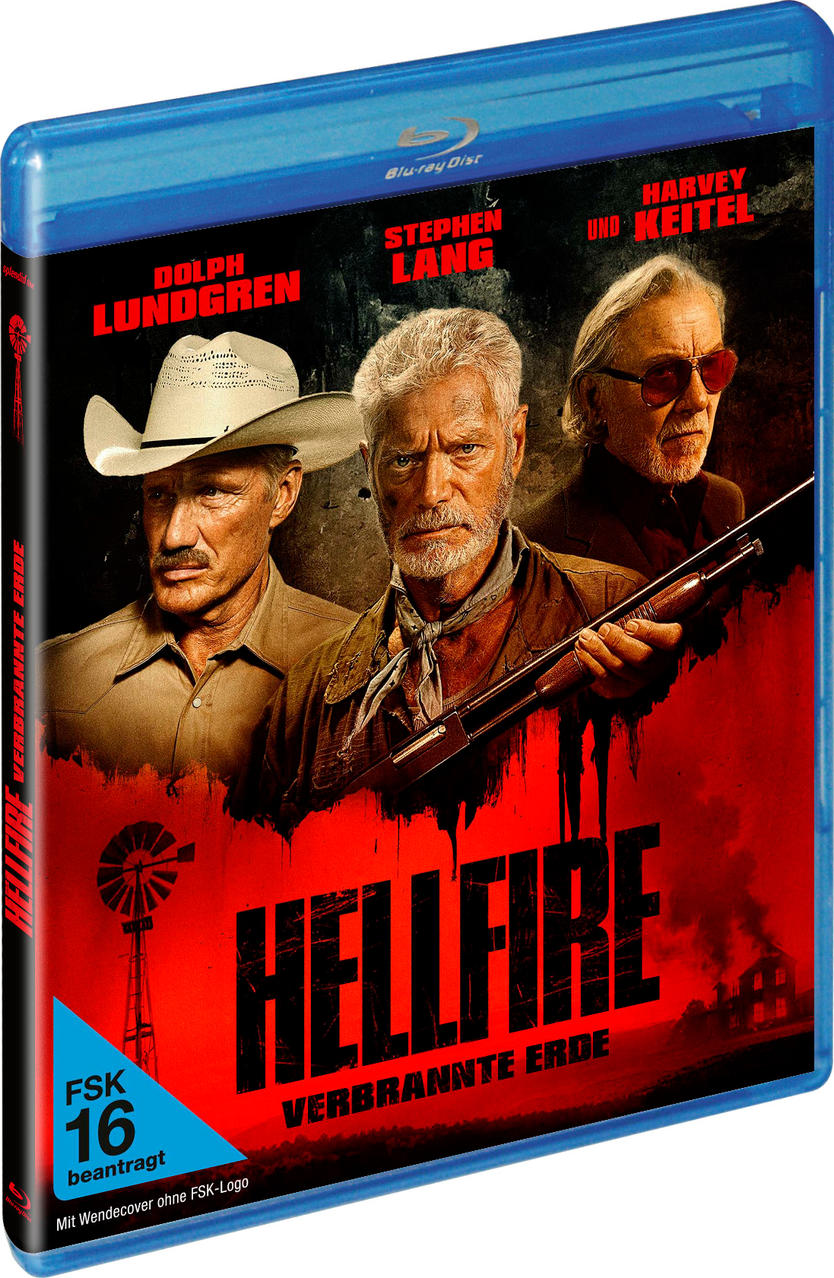 Blu-ray-Cover: drei Männer, Titel 'Hellfire', Windmühle, roter Hintergrund. Schauspieler sind Dolph Lundgren, Stephen Lang und Harvey Keitel.