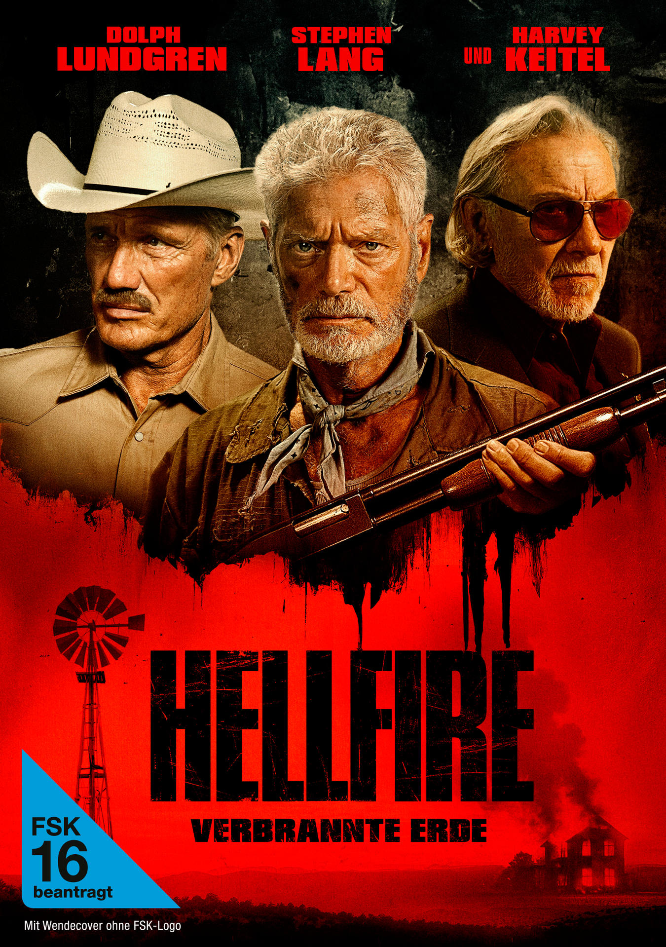 Filmplakat für Hellfire. Drei Männer, roter Hintergrund. Eine Windmühle und ein brennendes Haus sind zu sehen.