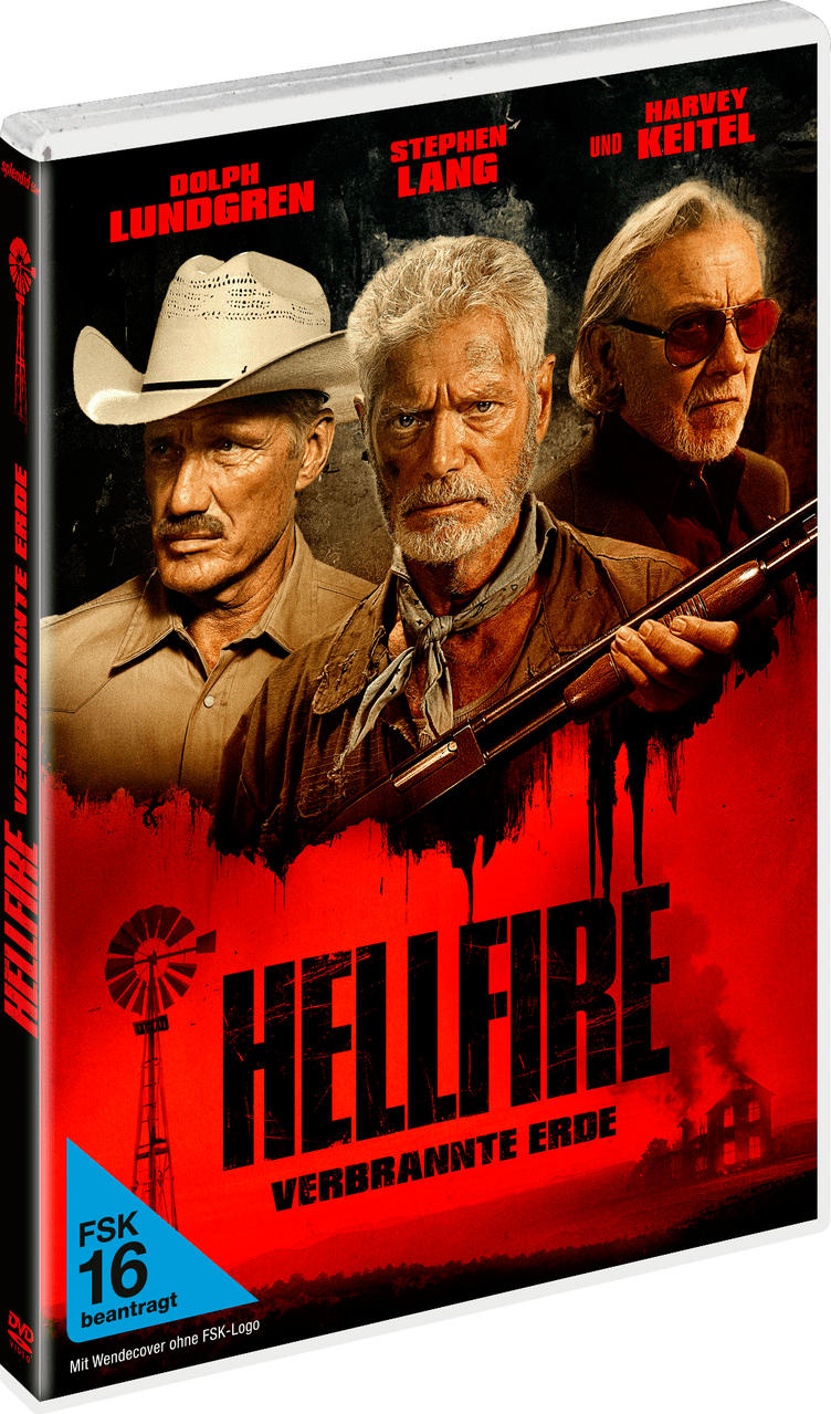DVD-Cover von Hellfire. Mit Dolph Lundgren, Stephen Lang und Harvey Keitel. Roter Hintergrund mit Windmühle und brennendem Haus.