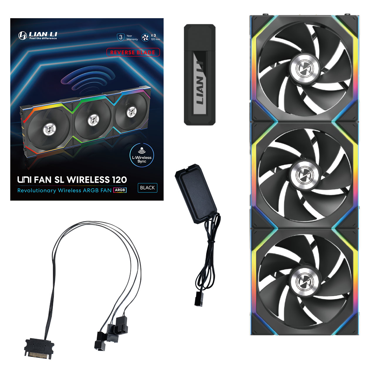 Das Bild zeigt Computerlüfter, einen Controller und Kabel. Lüfter haben RGB-Beleuchtung. Markenname ist "LIAN LI".