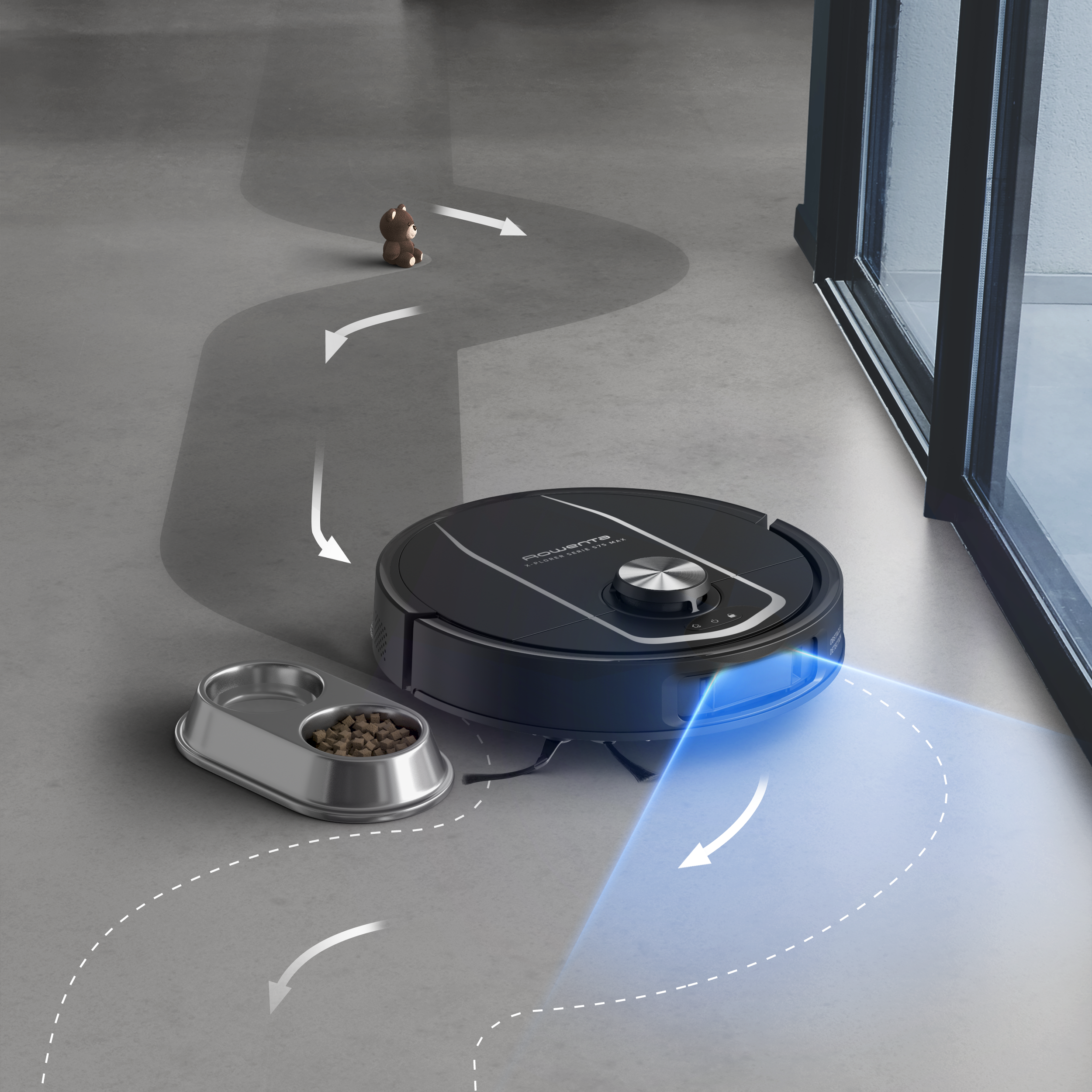 Egy fekete robot porszívó takarít egy szobát. Egy játékmackó és egy ételtál látható. A nyilak a tisztítási útvonalat mutatják.