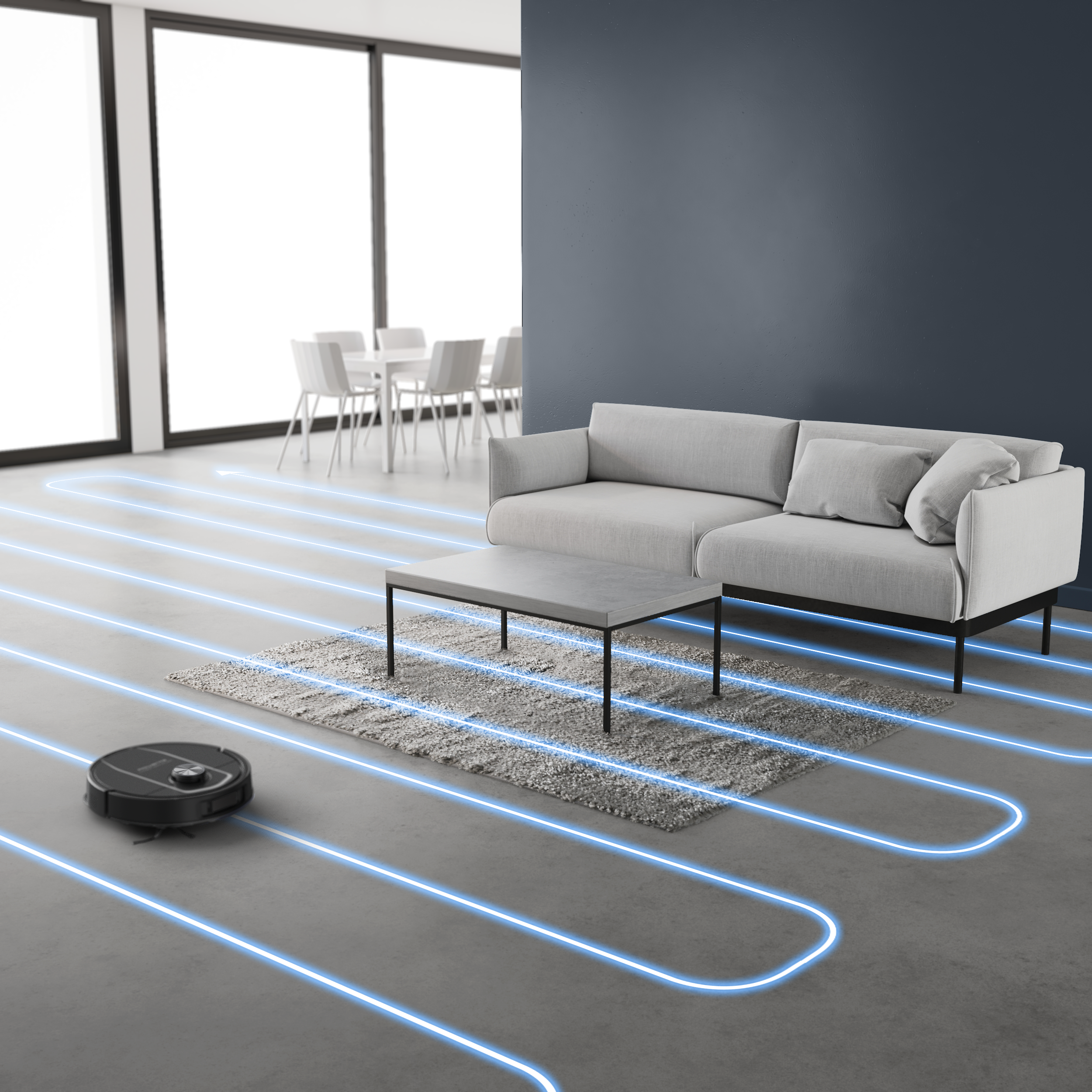 Egy robotporszívó takarít egy nappalit. Van egy kanapé, szőnyeg és asztal. Kék vonalak jelzik a tisztítási útvonalat.