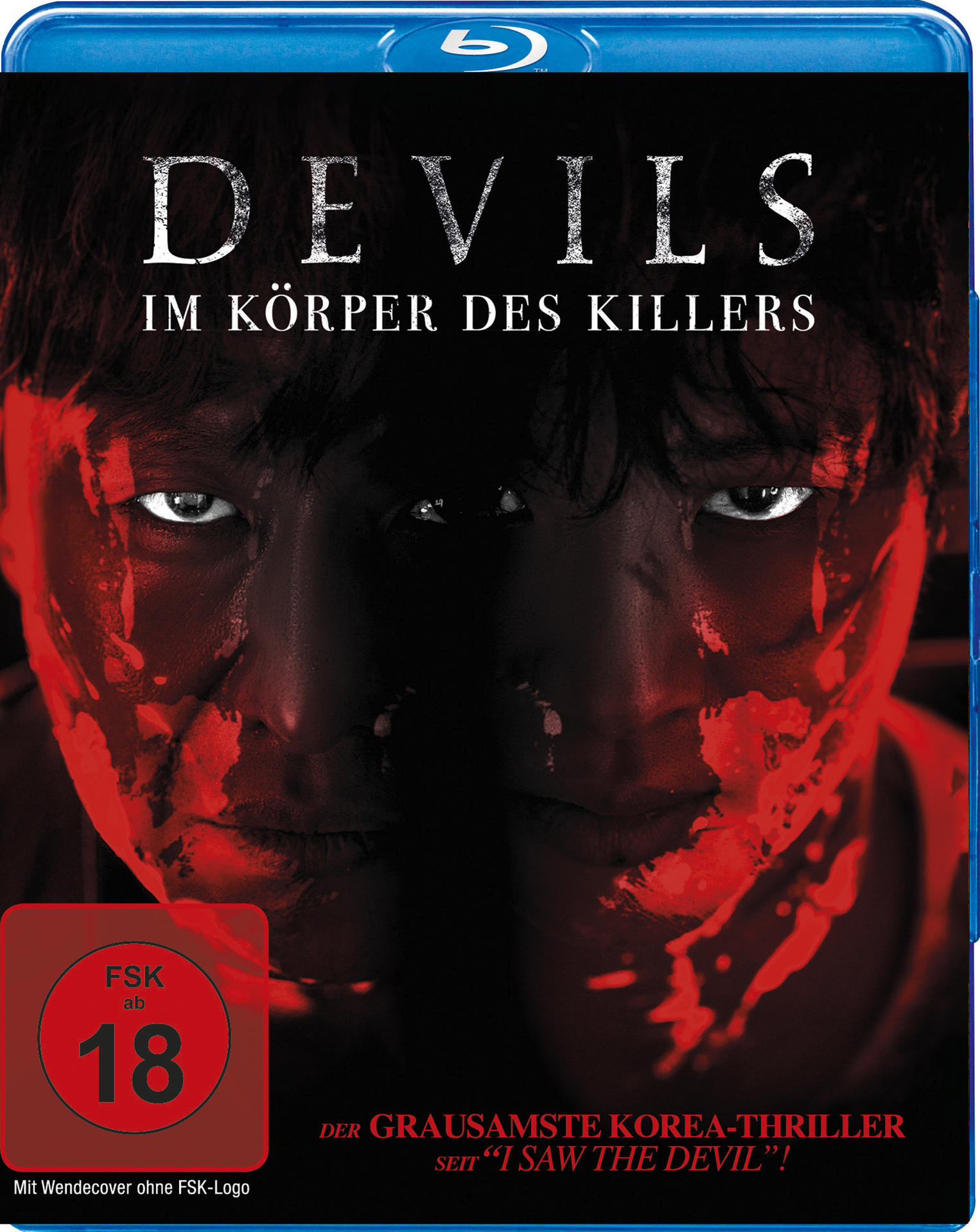 Blu-ray-Cover mit einem Mann, dessen Gesicht mit roten, blutartigen Markierungen bedeckt ist. Titel: DEVILS. Text: IM KÖRPER DES KILLERS, FSK 18.