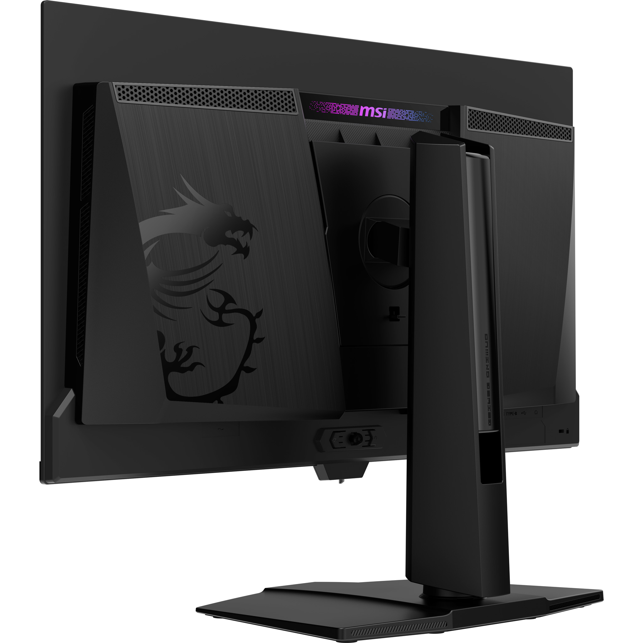 Schwarzer MSI Gaming-Monitor. Drachenlogo auf der Rückseite. Der Ständer ist ebenfalls schwarz. Rückseite mit MSI-Logo.