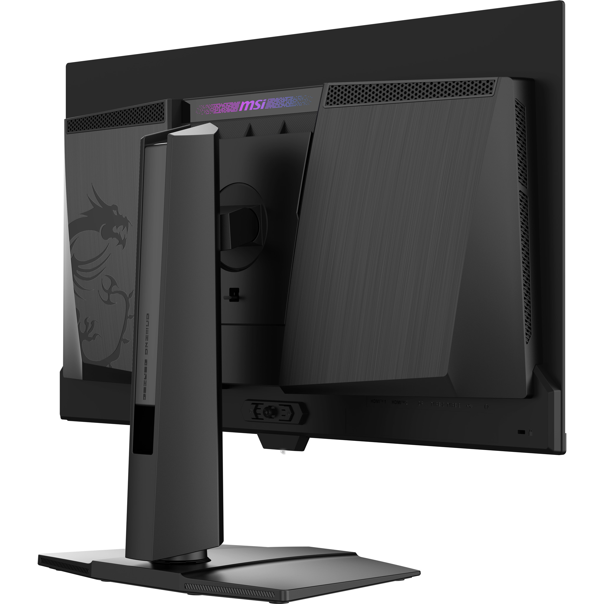 Schwarzer MSI Gaming-Monitor, Rückansicht. Ständer, Anschlüsse und ein Drachenlogo sind sichtbar.