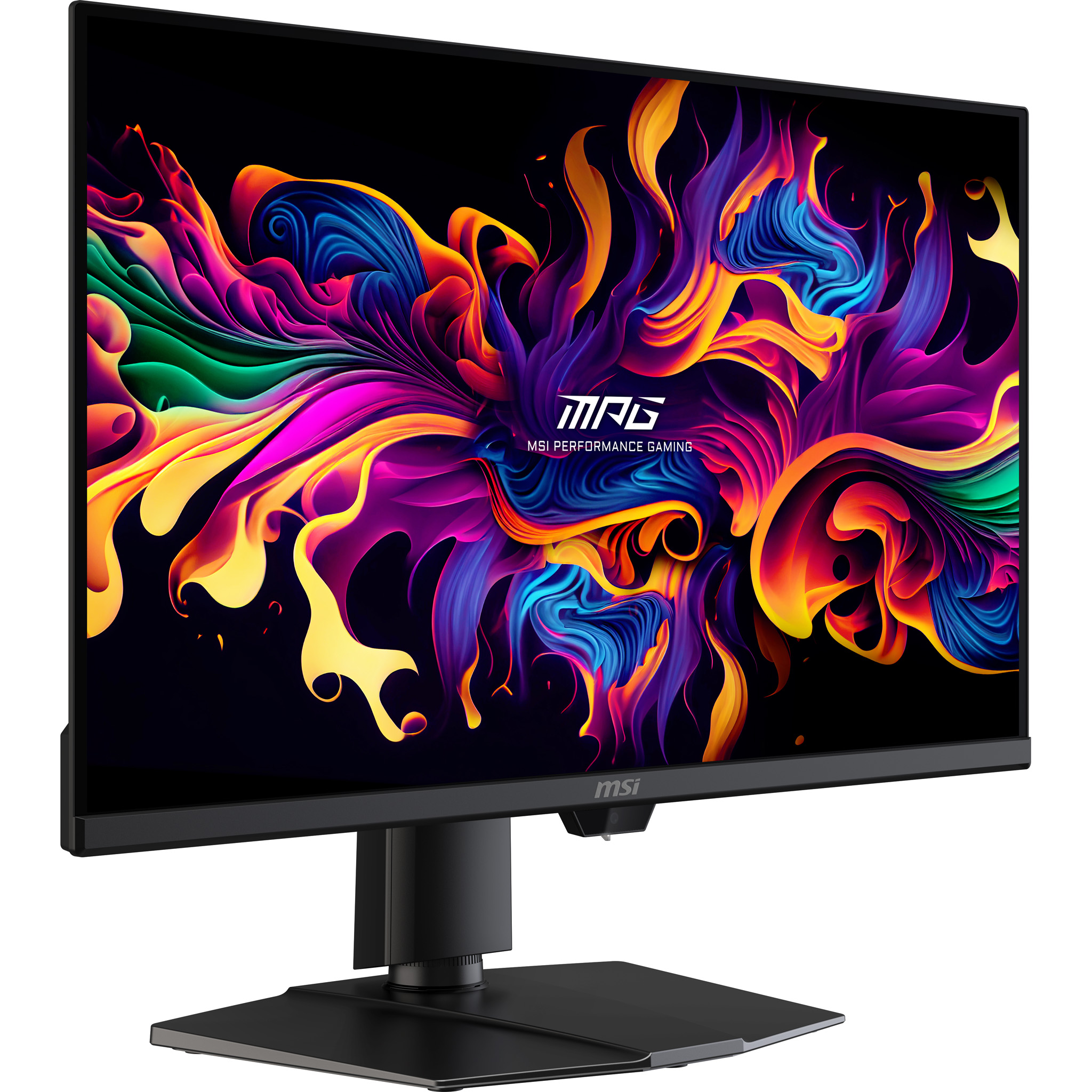 MSI Gaming-Monitor mit farbenfroher abstrakter Anzeige. Schwarzer Rahmen und Ständer. Weißer Hintergrund.