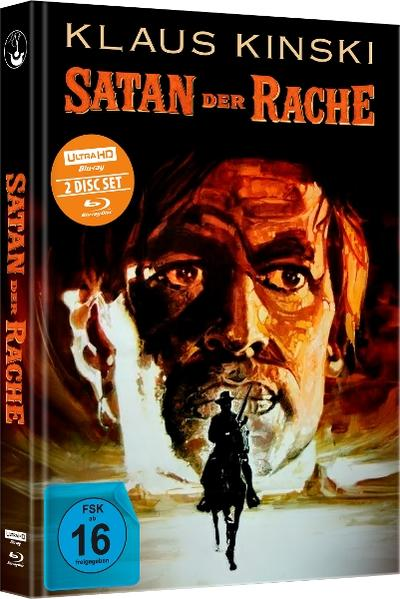 DVD-Cover. Ein Mann ist im Vordergrund, darunter eine Silhouette eines Reiters auf einem Pferd. Titel: Satans Rache.