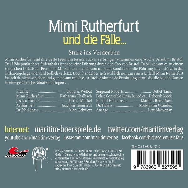 Buchcover: Mimi Rutherfurt. Gelber Titel, Text darunter. Besetzungsliste, Website und ISBN-Barcode.