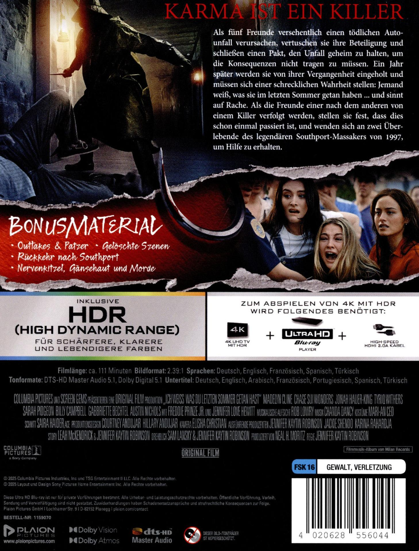 Filmposter 'Karma ist ein Killer'. Szene mit verängstigten Personen. Text beschreibt Handlung und Schauspieler.