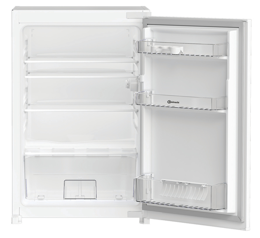 Ein weißer Kühlschrank mit offener Tür, der Regale und transparente Kunststofffächer zeigt. Der Innenraum ist leer.