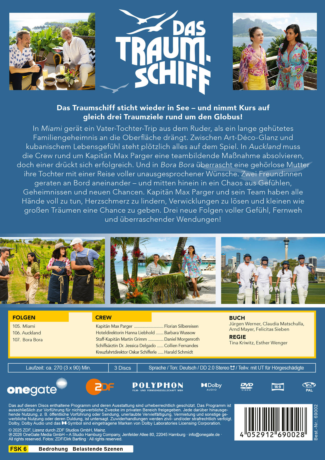 DVD-Cover. Text: Das Traumschiff. Schauspieler an den Seiten. Text über Folgen und Crew. Blauer Hintergrund.