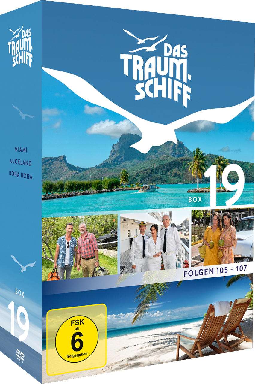 DVD-Box-Set von Das Traumschiff. Szenen zeigen tropische Inseln, Boote, Strand und Menschen. Enthält mehrere kleine Bilder.