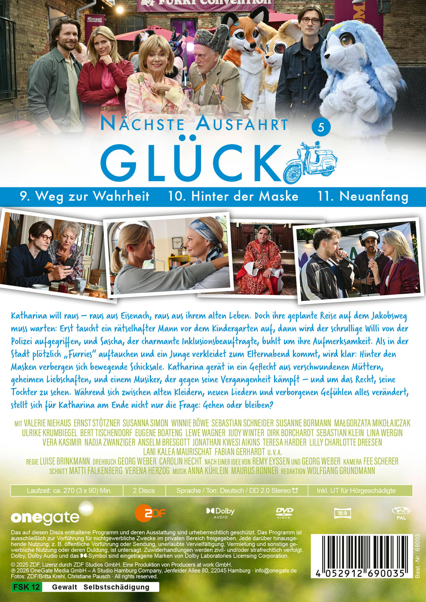 Filmposter mit Schauspielern und Text. Charaktere in Kostümen sind sichtbar. Der Titel ist Glück.