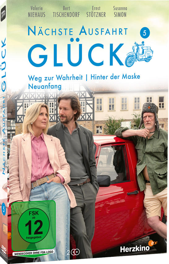DVD-Cover: Drei Personen stehen an einem roten Auto. Der Titel lautet 'Nächste Ausfahrt Glück'. FSK-Altersfreigabe ist 12.