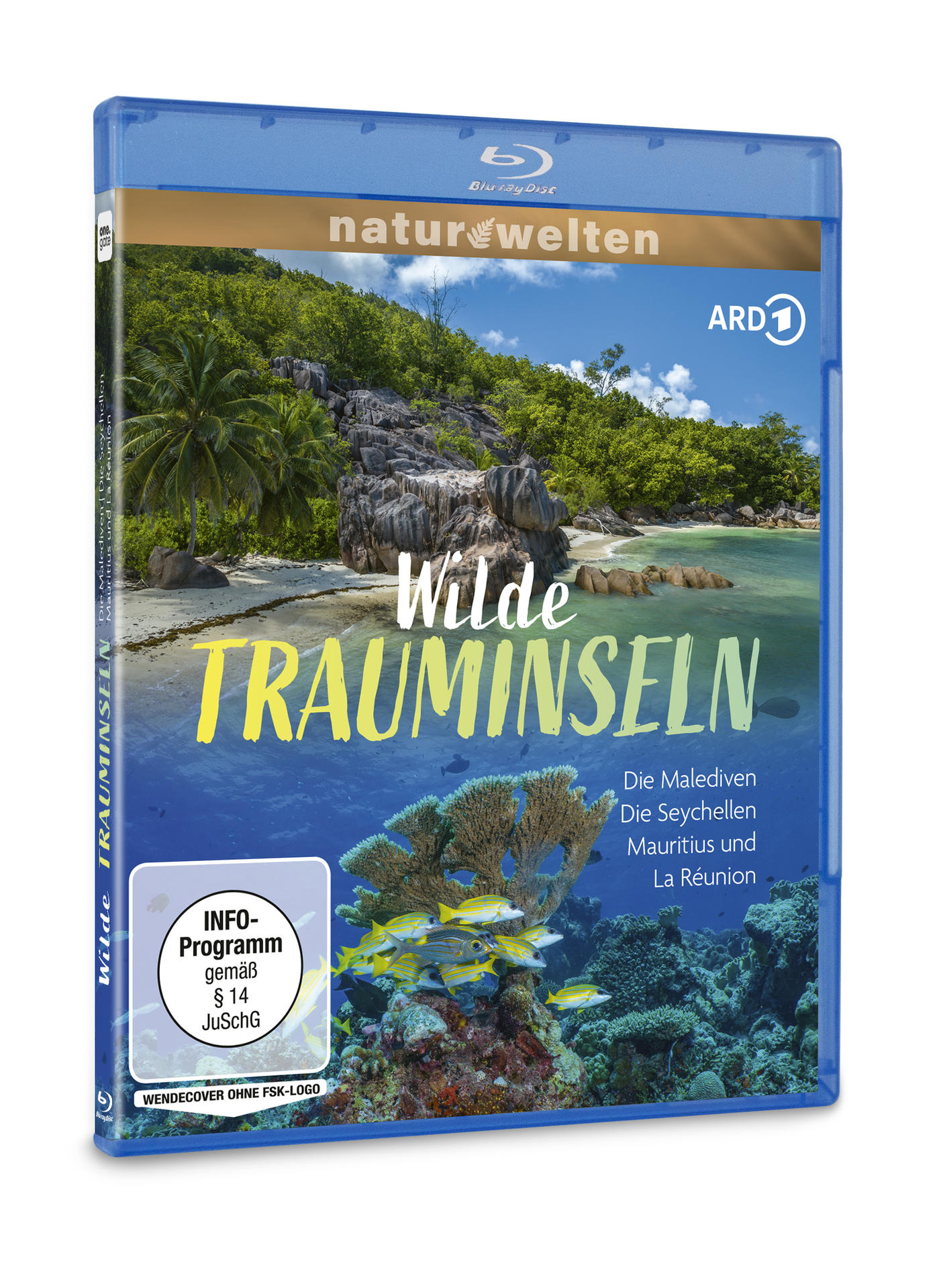 Blu-ray-Cover. Tropische Insel mit Strand, Felsen und Ozean. Titel: Wilde Trauminseln. Enthält Unterwasserkorallen und Fischbilder.