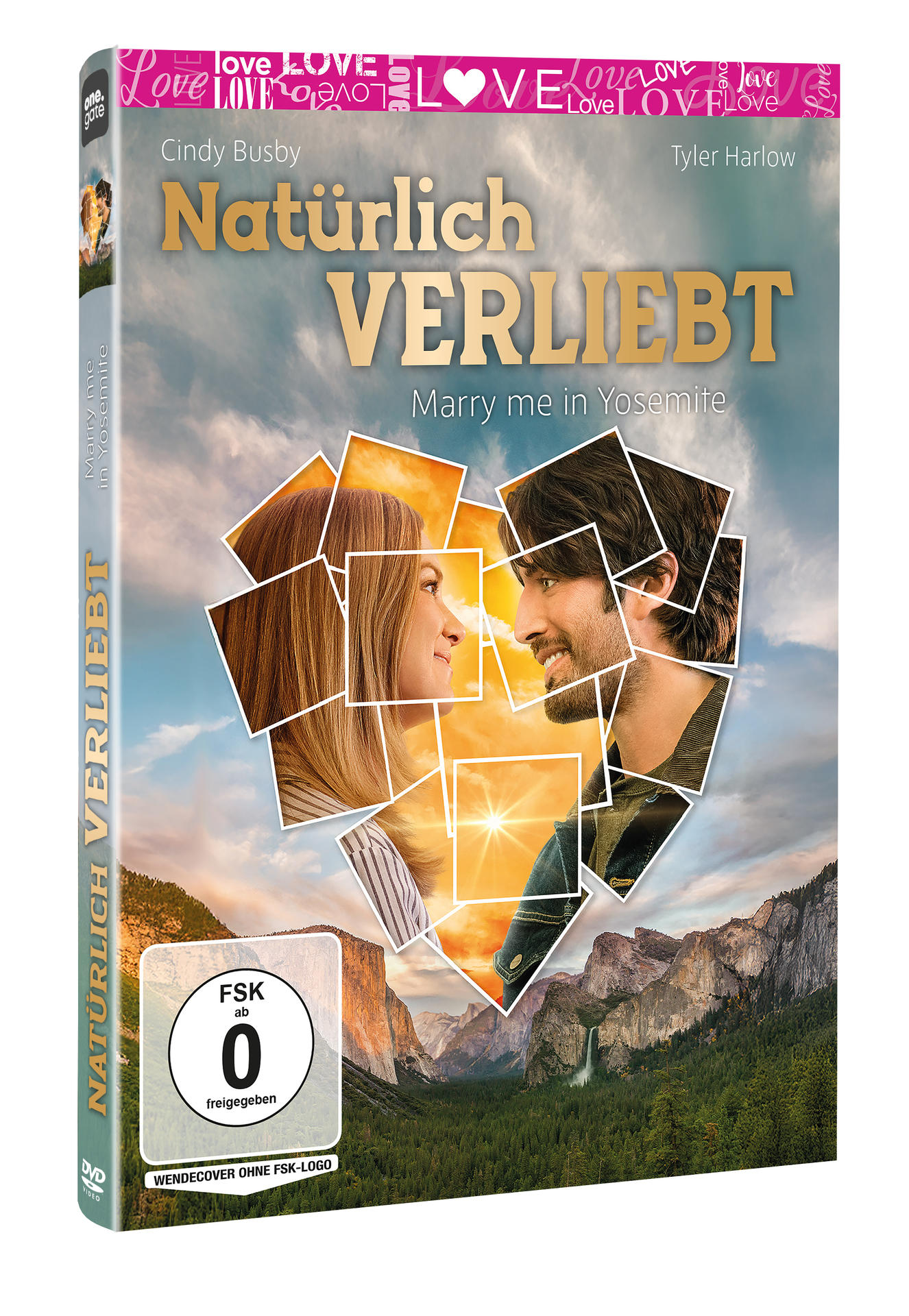 DVD-Cover von 'Natürlich Verliebt'. Gesichter eines Paares in einem Herzen. Yosemite-Landschaft im Hintergrund, mit Text und Bewertung.