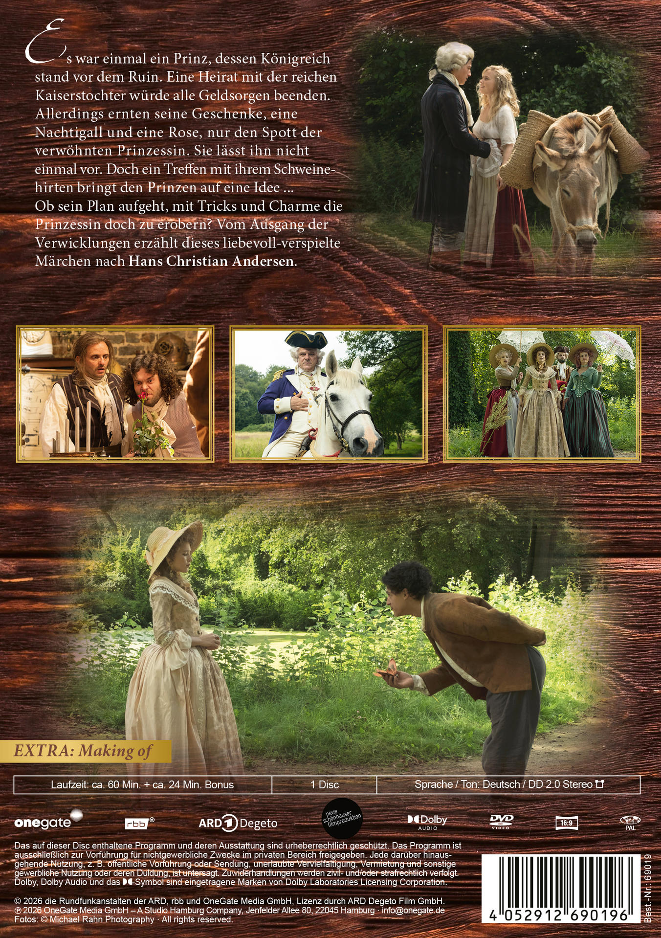 Ein Filmcover mit Prinz, Prinzessin und Esel. Text auf Deutsch beschreibt die Handlung, basierend auf einem Märchen.