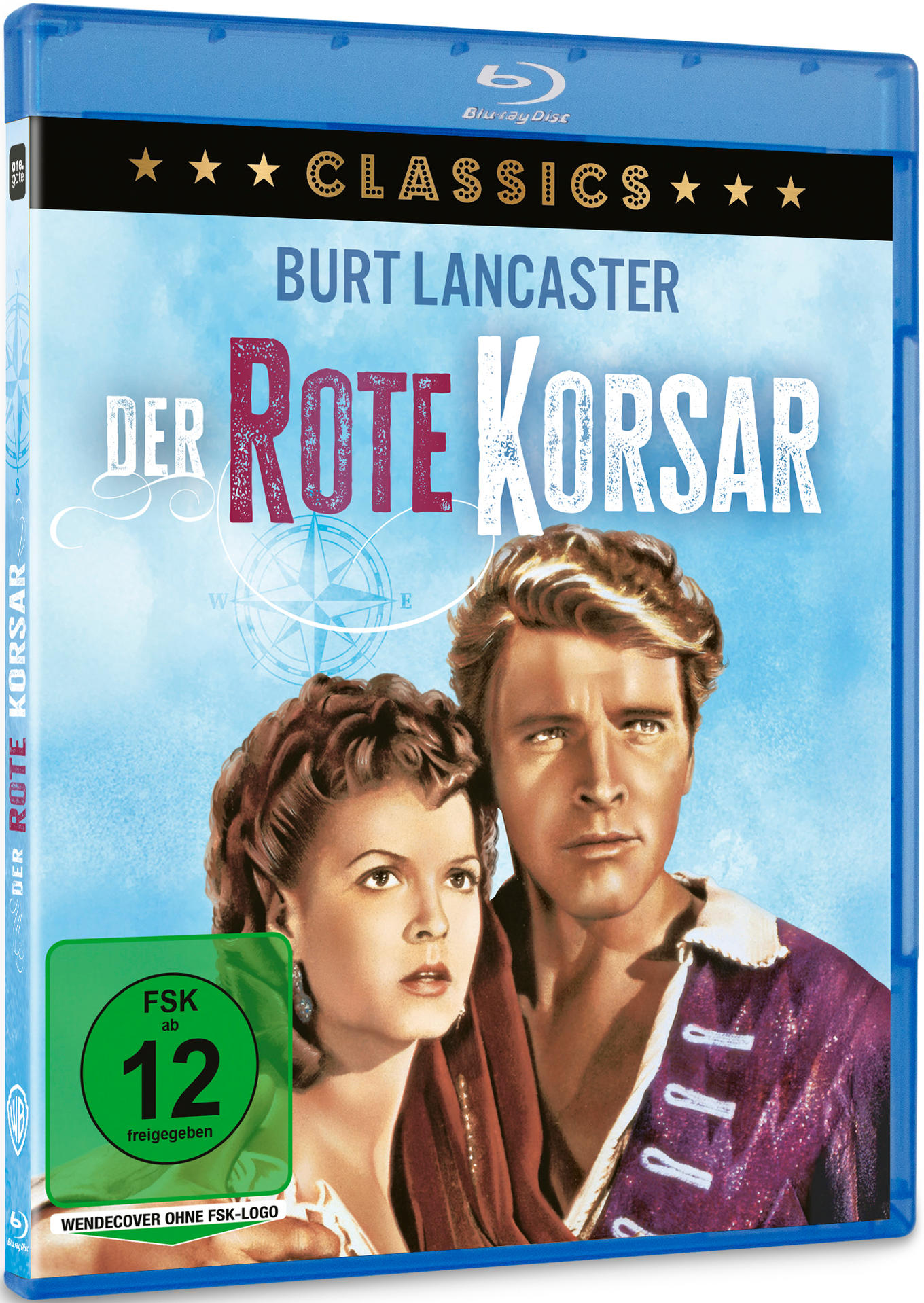 Blu-ray-Cover: Burt Lancaster in 'Der Rote Korsar'. Enthält Schauspieler, Titel, Bewertung und ein Kompass-Design auf blauem Hintergrund.