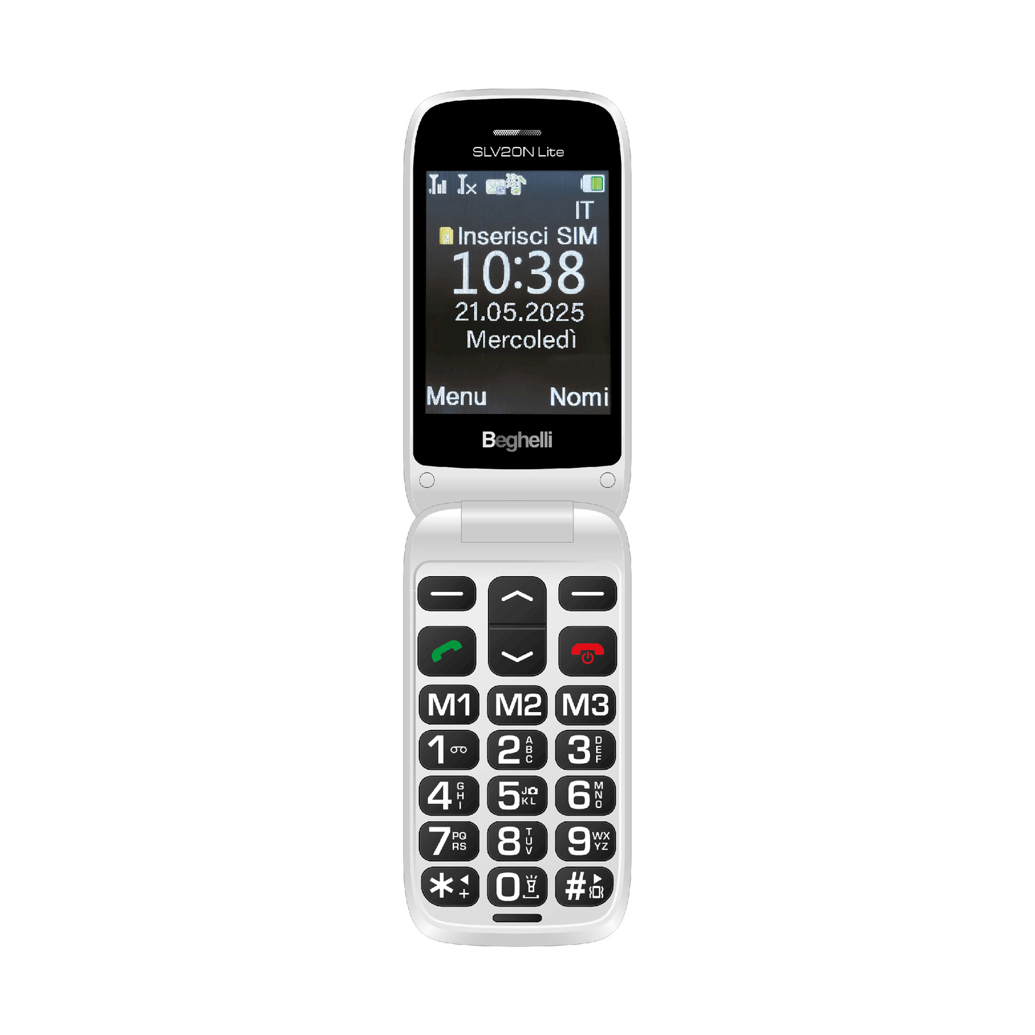 Un telefono a conchiglia bianco con schermo aperto. Lo schermo mostra ora, data e opzioni del menu. Tasti grandi e ben etichettati.