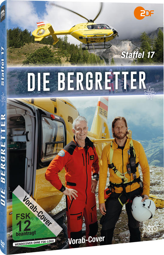 DVD-Cover von 'Die Bergretter'. Gelber Hubschrauber, zwei Männer in Rettungskleidung und Berglandschaft.