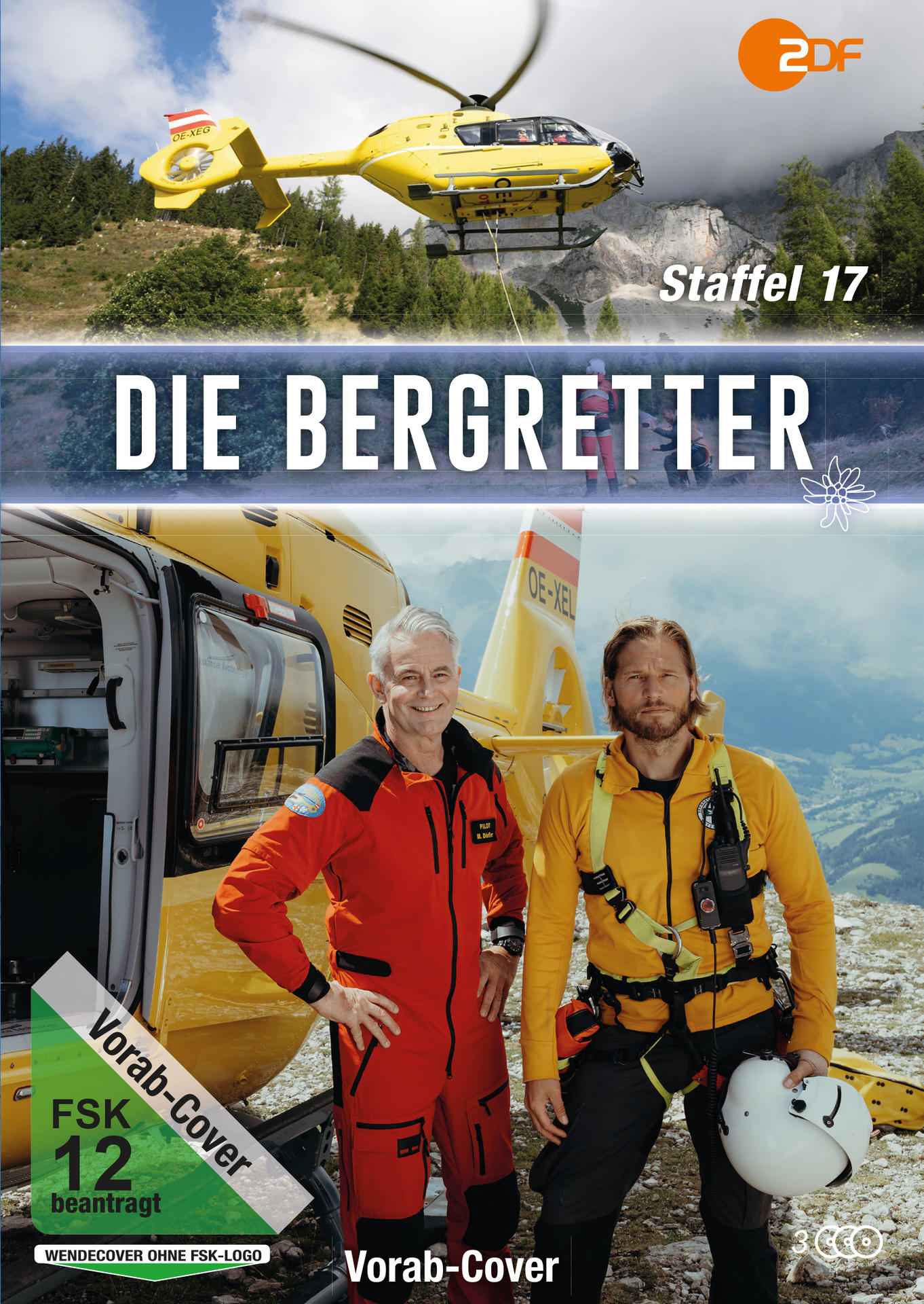 Poster für Die Bergretter. Zwei Männer in Bergretter-Ausrüstung stehen neben einem gelben Hubschrauber. Berge und der Titel sind sichtbar.