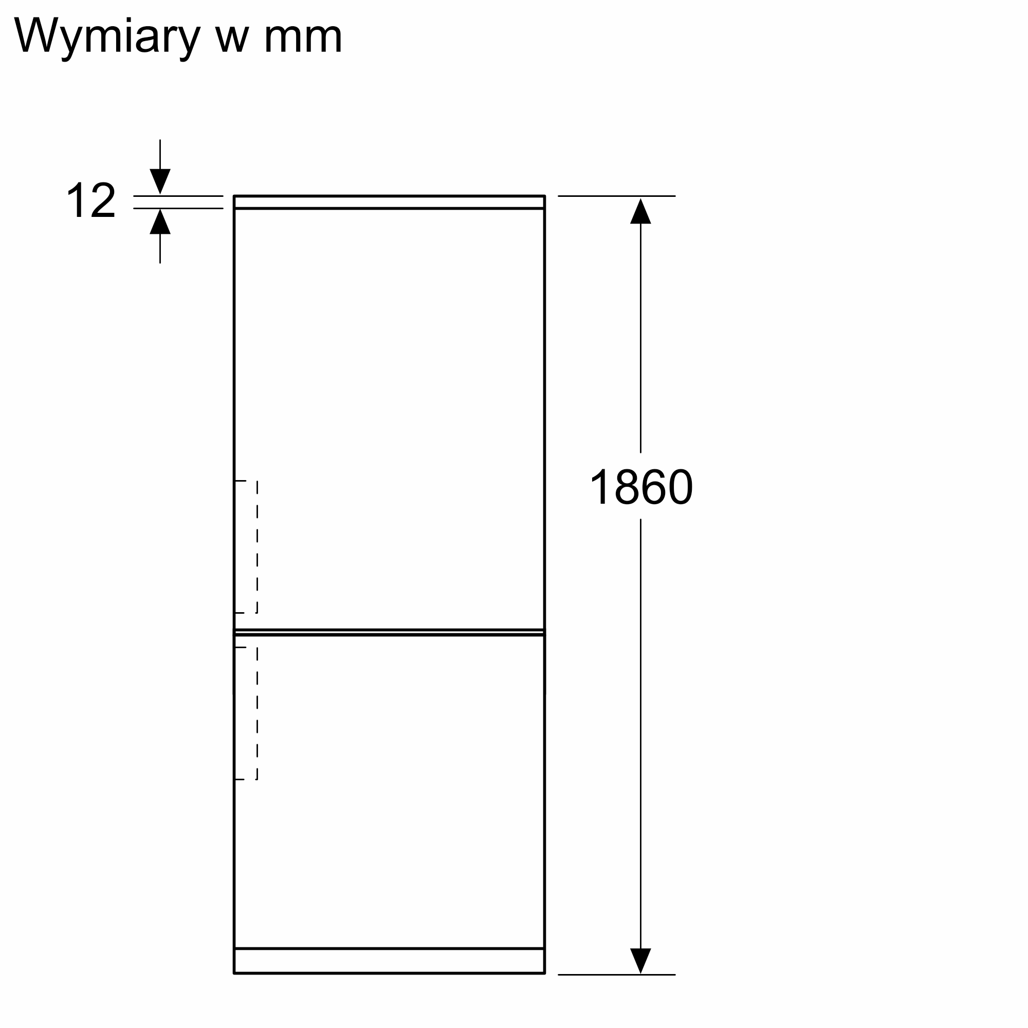 Schemat przedstawiający lodówkę z wymiarami. Szerokość wynosi 12 mm, a wysokość 1860 mm. Tekst jest po polsku.