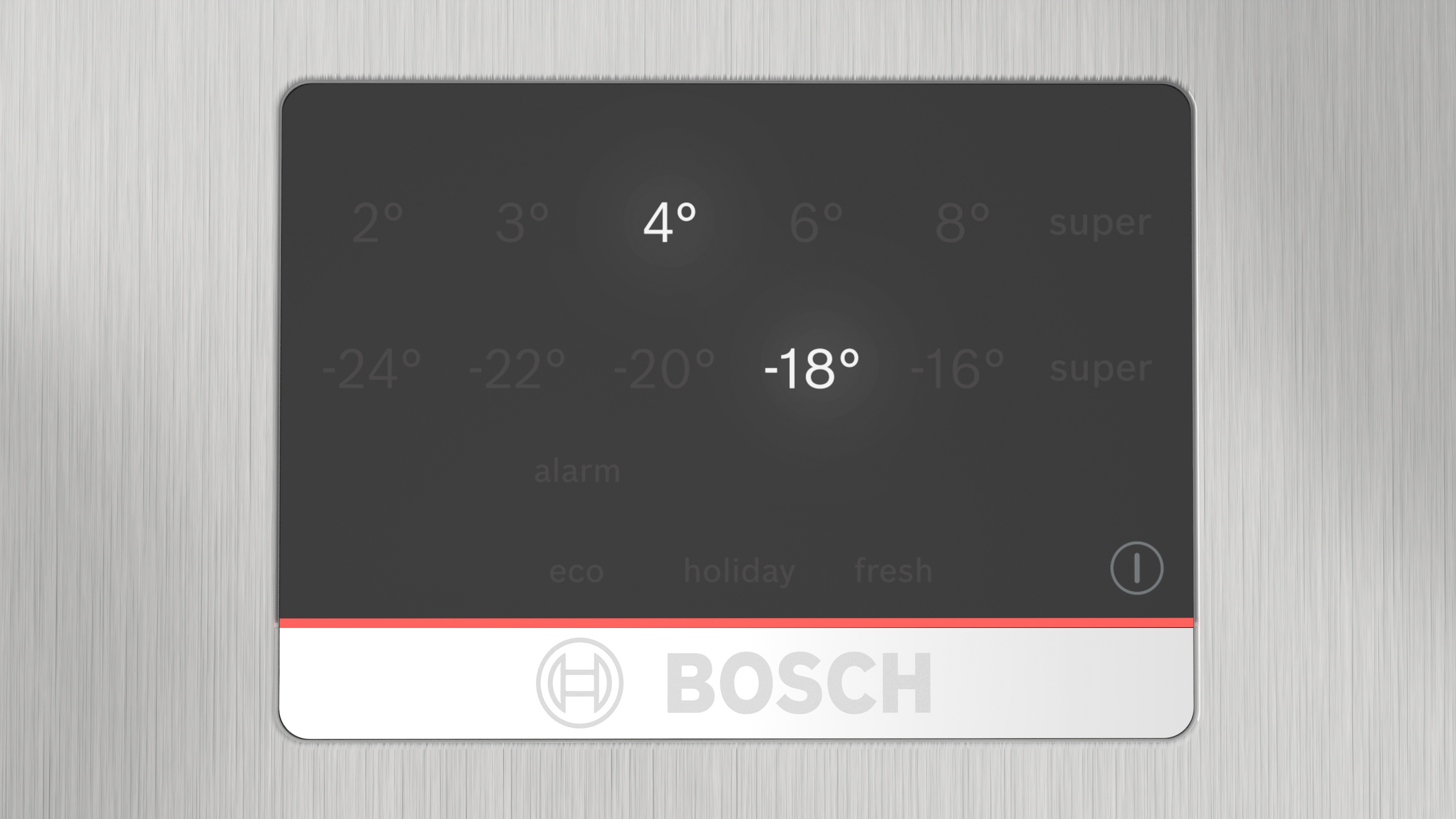 Panel sterowania lodówki. Wyświetla temperatury w stopniach Celsjusza, na dole logo Bosch.
