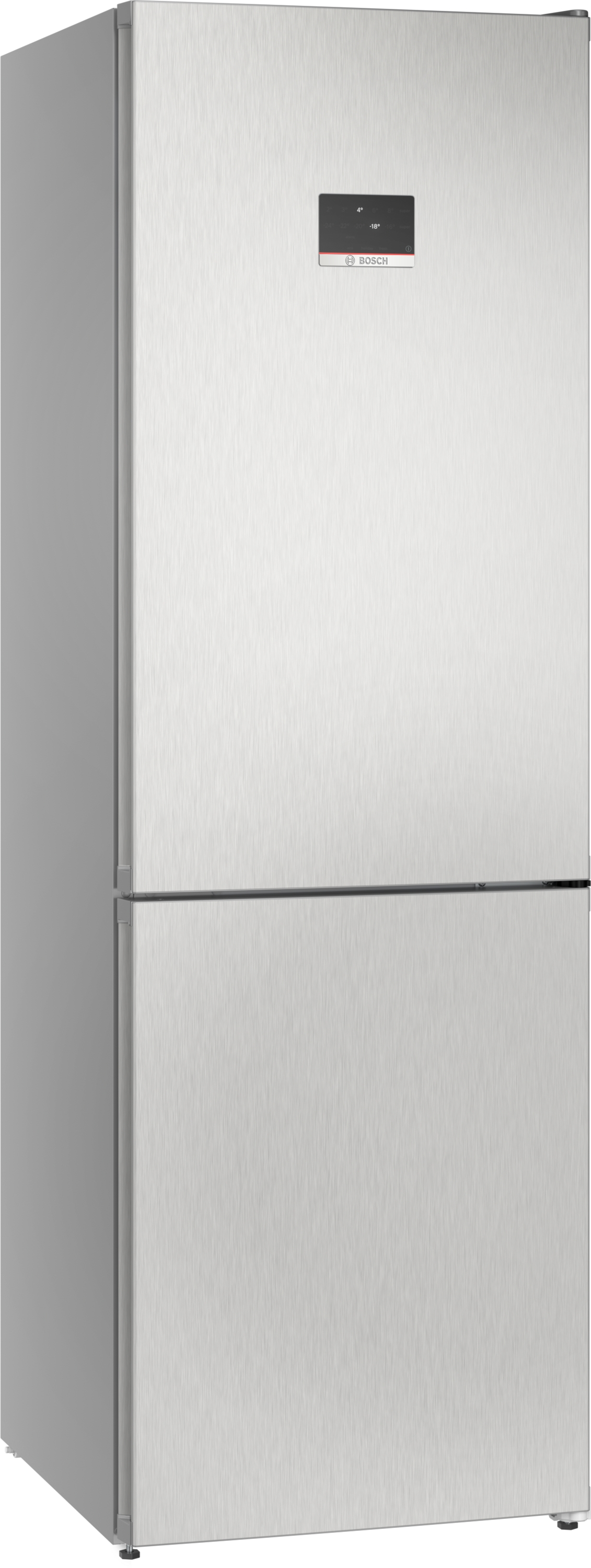 Lodówka ze stali nierdzewnej z cyfrowym wyświetlaczem pokazującym ustawienia temperatury. Widoczne logo Bosch.