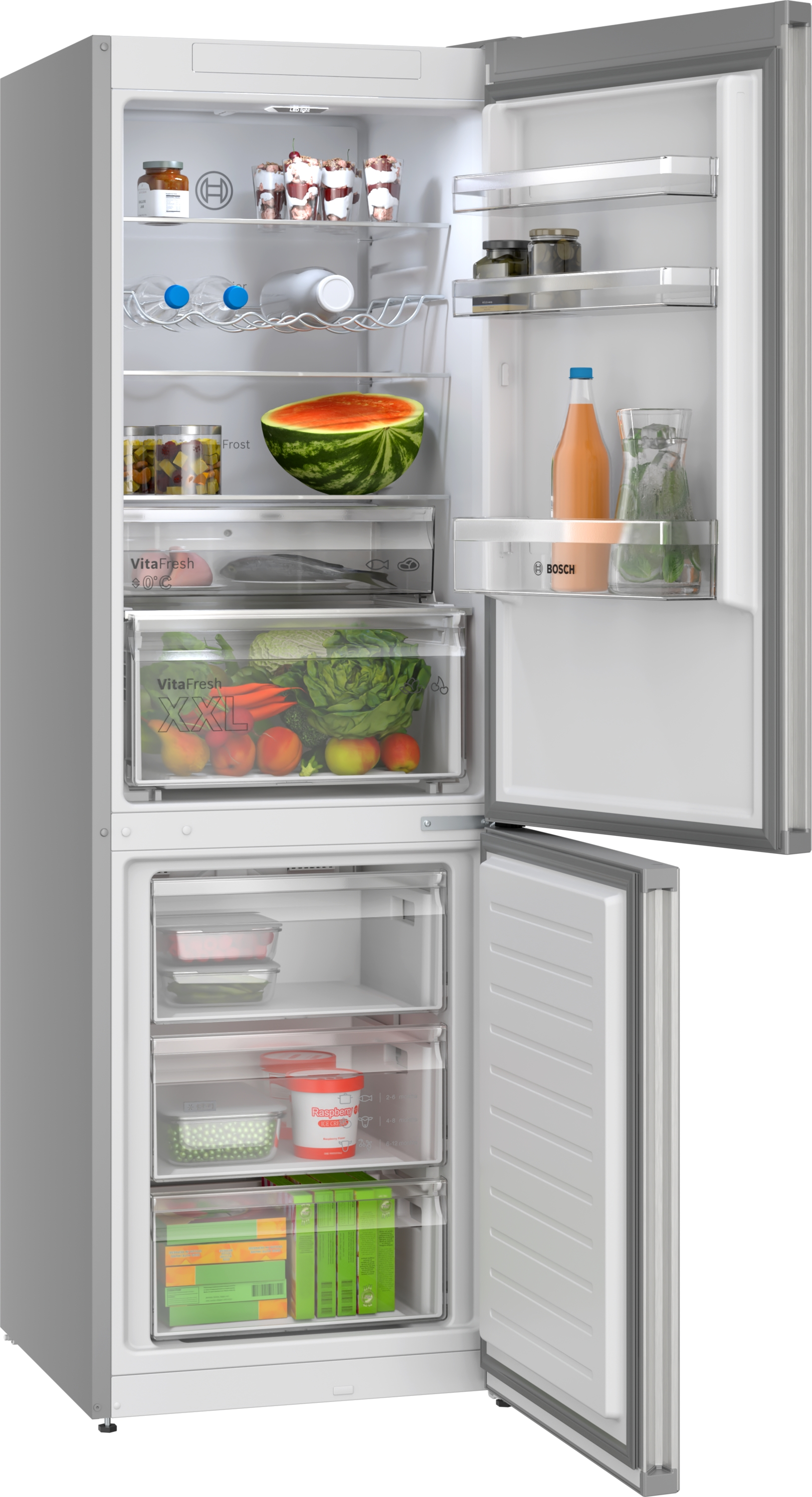 Otwarta lodówka wypełniona jedzeniem. Widoczne arbuzy, owoce i desery. Zawiera logo Bosch. Dolna zamrażarka z lodami.