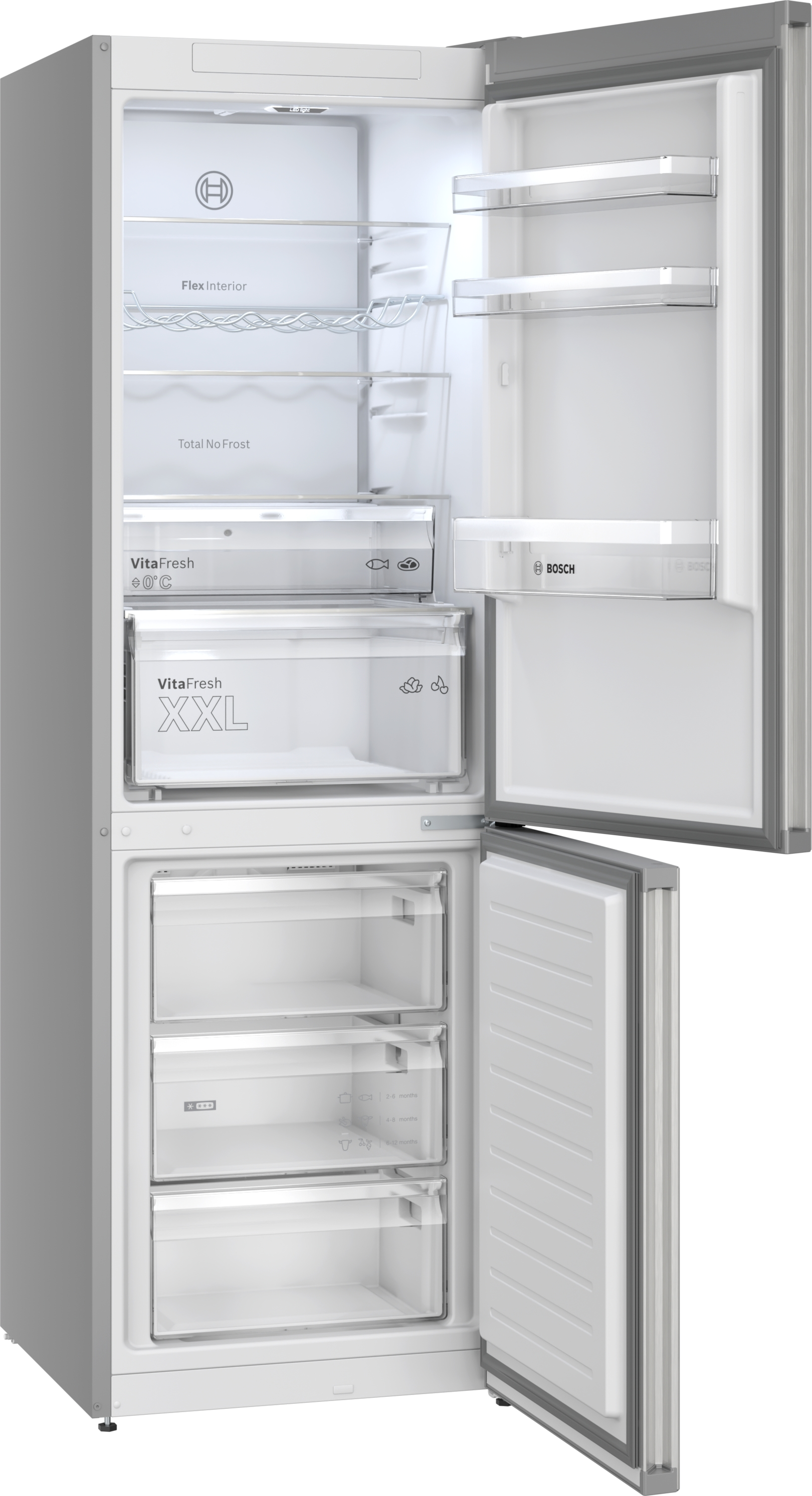 Otwarta lodówka ukazująca wnętrze z półkami, szufladami i etykietami, jak 'VitaFresh' i 'Bosch'.