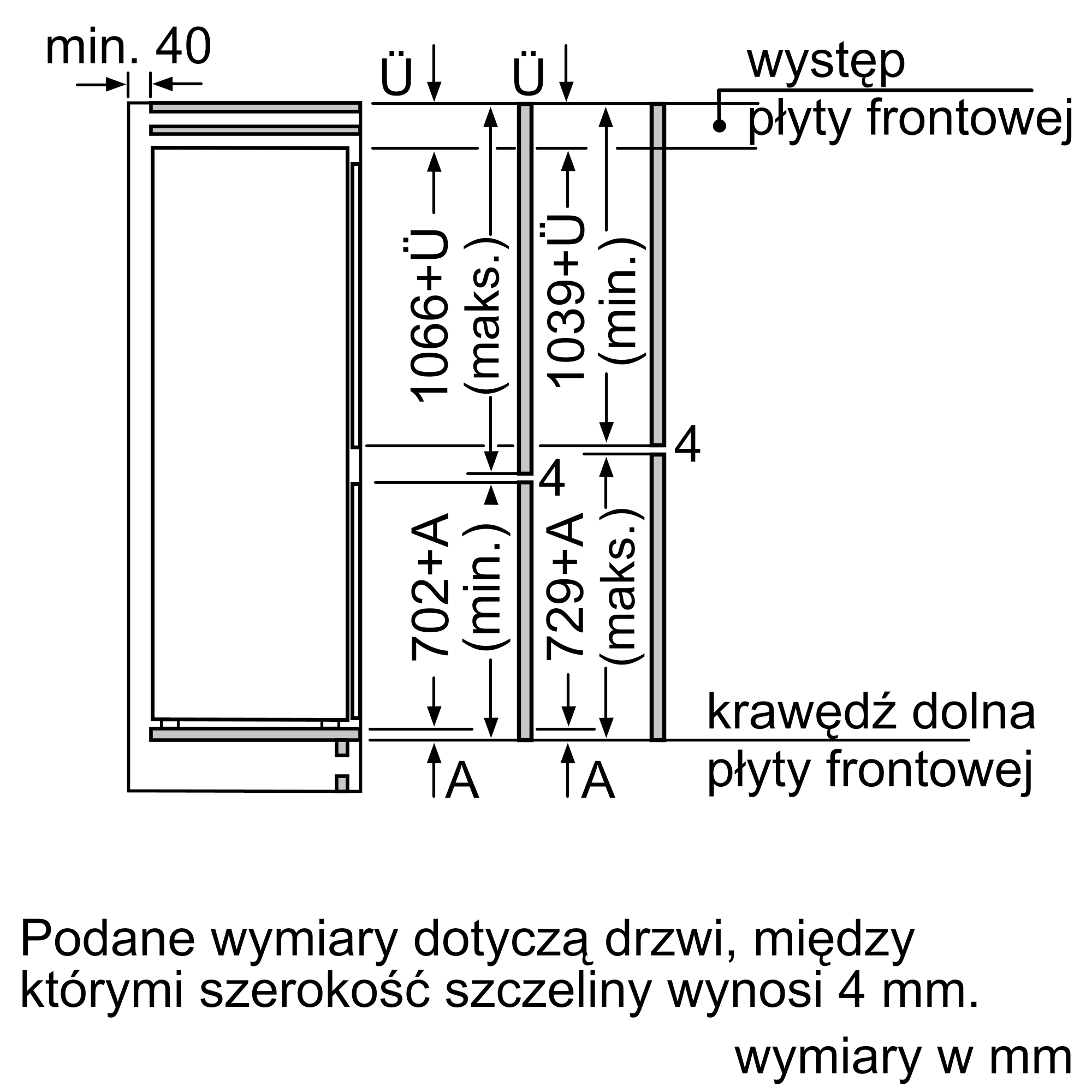 Diagram z wymiarami w mm dla drzwi, pokazujący wysokości i szerokości ze strzałkami i etykietami.