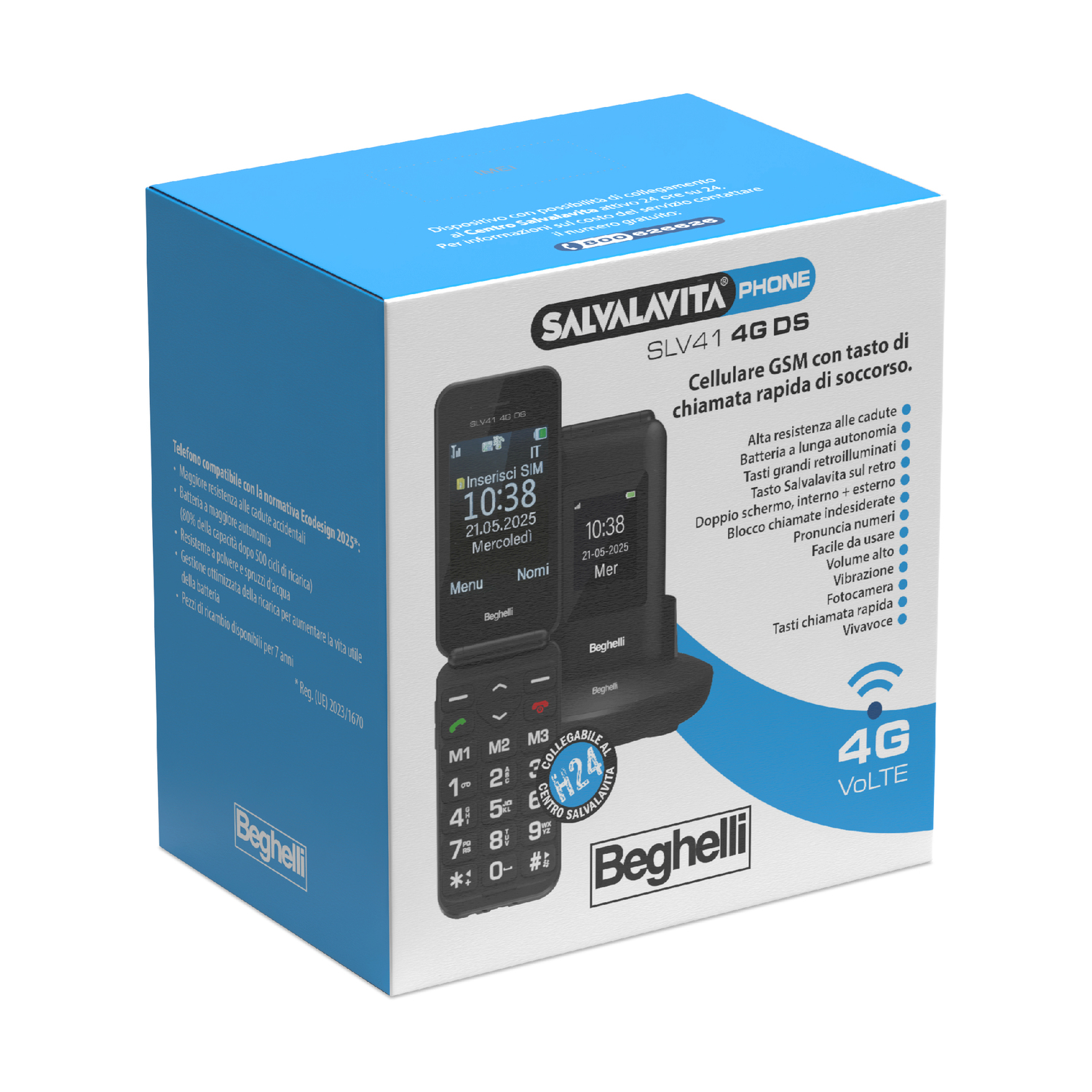 Telefono Beghelli SLV41 4G DS in scatola. Ha schermo, tasti e logo 4G VOLTE. Funzionalità: pulsante SOS e tasti grandi.