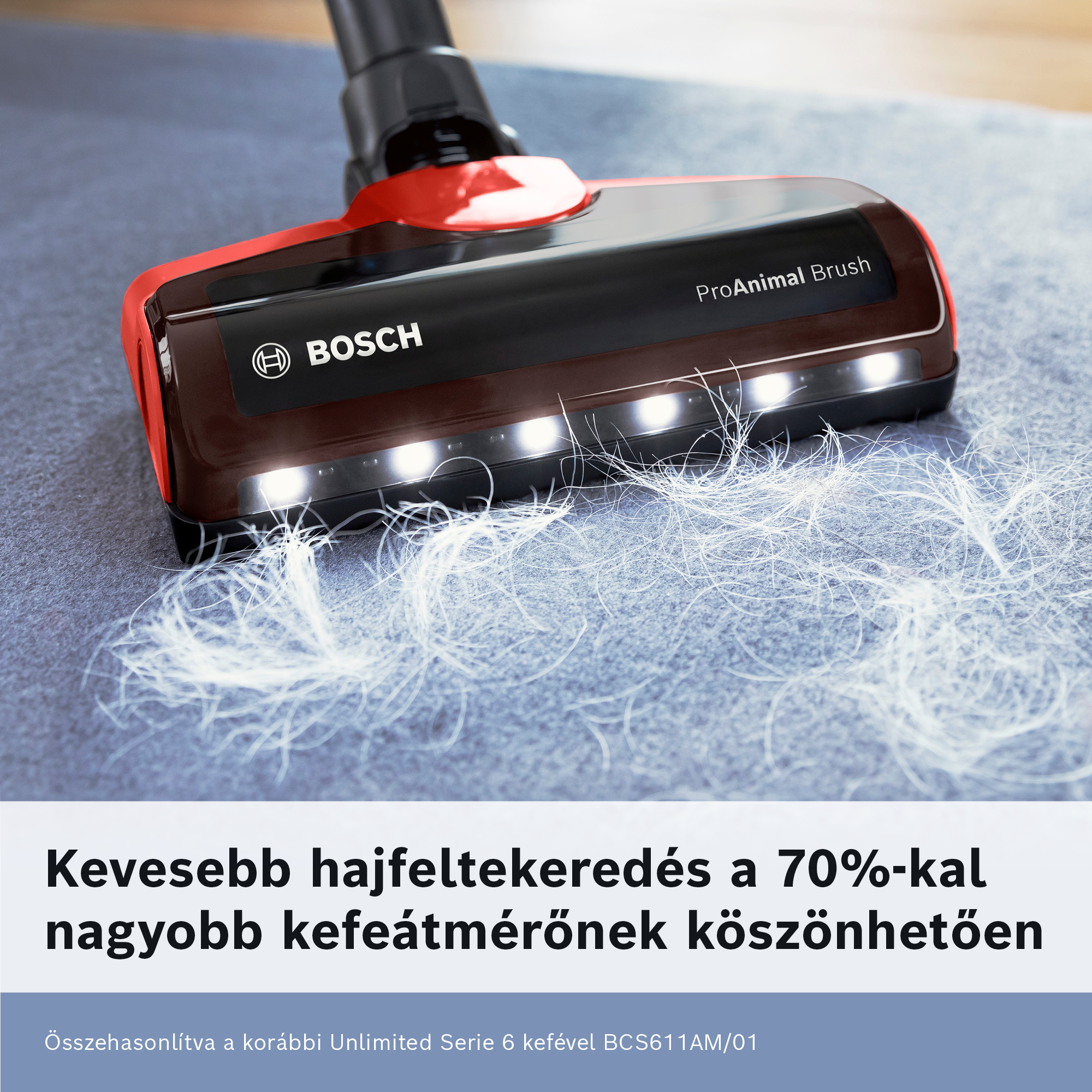 Egy Bosch porszívófej szőnyegen van fehér hajjal. A fej piros és fekete színű, a márka logójával.