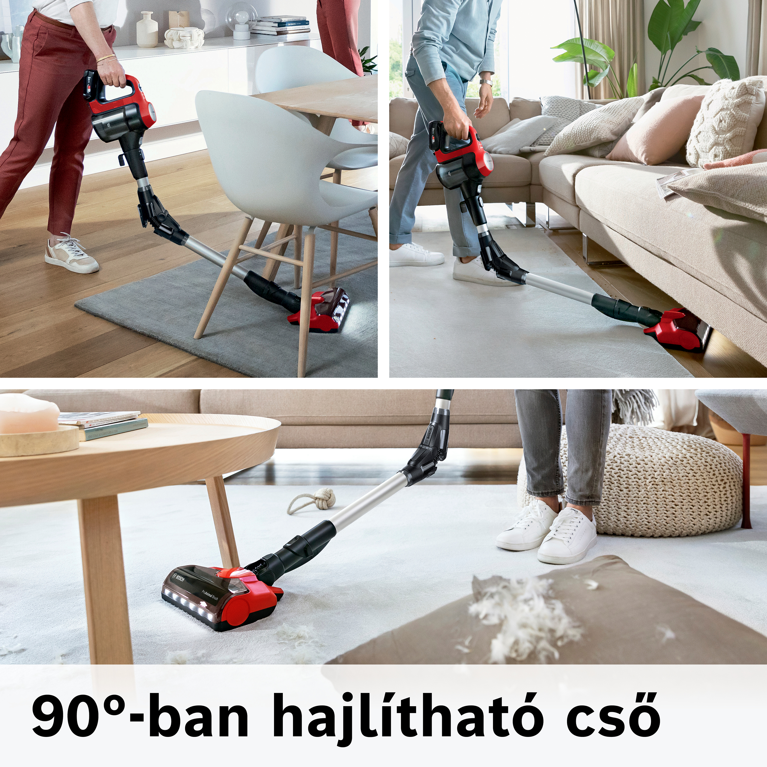 A képen emberek láthatók, amint egy piros-fekete porszívót használnak különböző padlókon. A porszívó 90 fokban hajlítható.