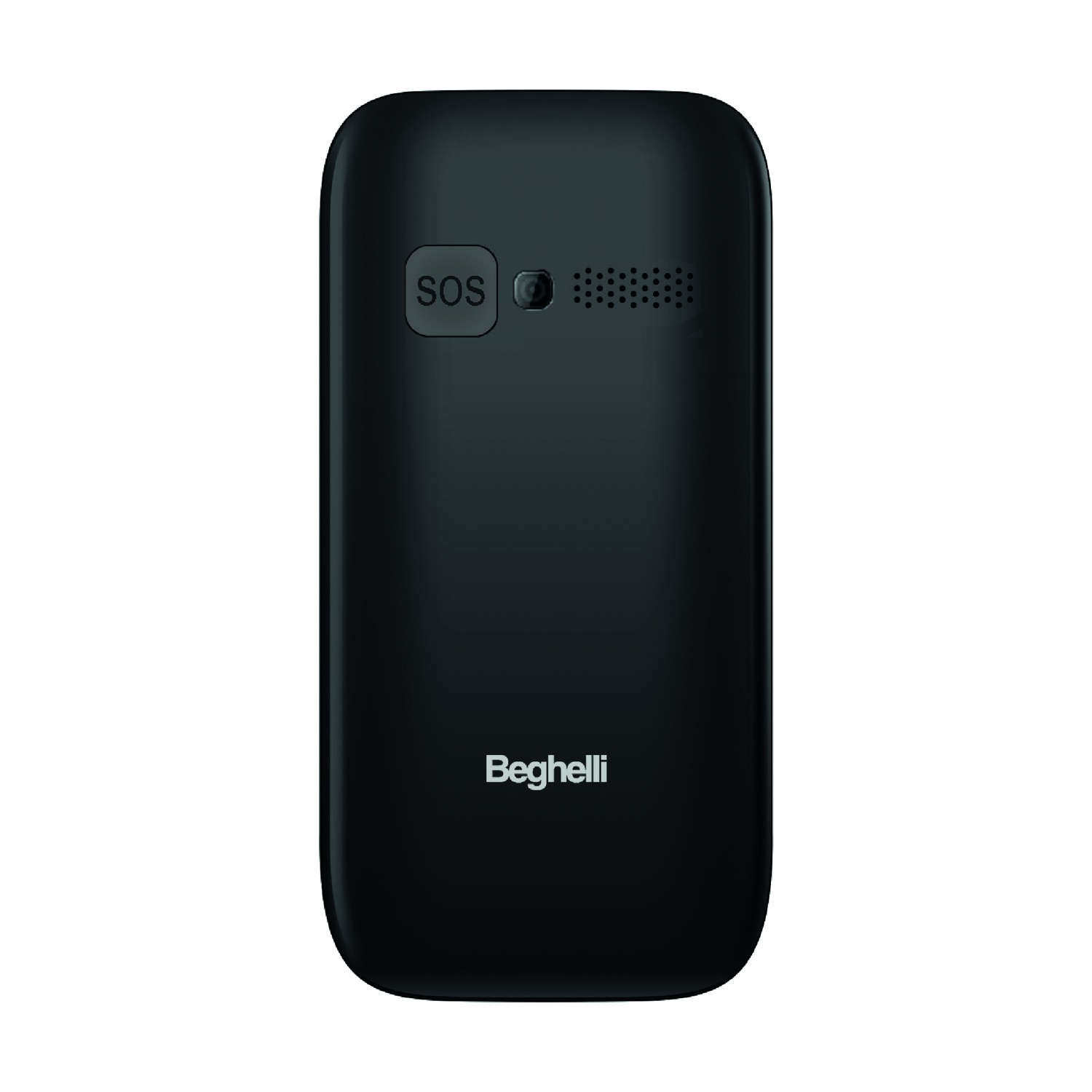 Retro del telefono cellulare nero con pulsante SOS, fotocamera, fori per altoparlante e logo 'Beghelli'. Angoli arrotondati, su sfondo bianco.