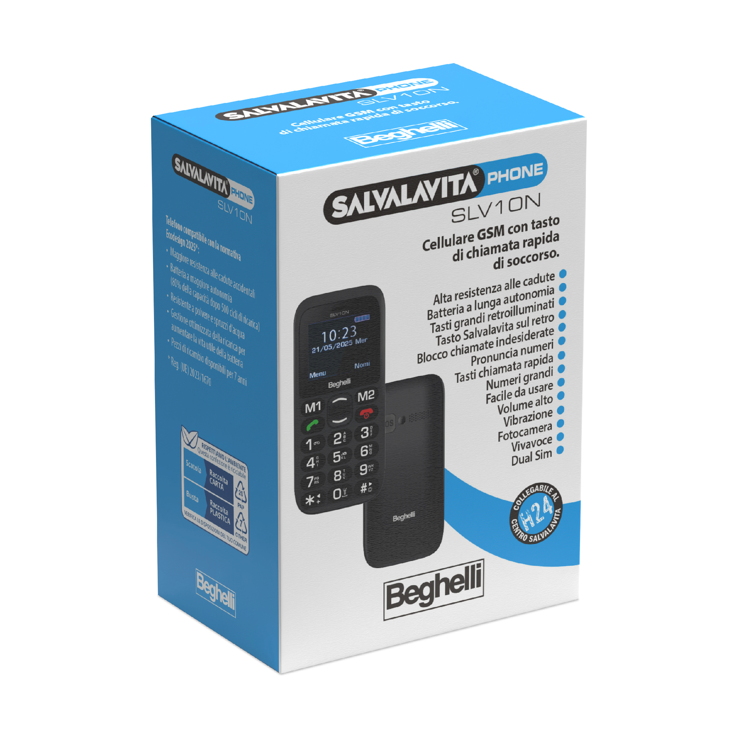 Una scatola blu con un'immagine del telefono. Il testo include le caratteristiche del telefono e il marchio. Il telefono è nero.