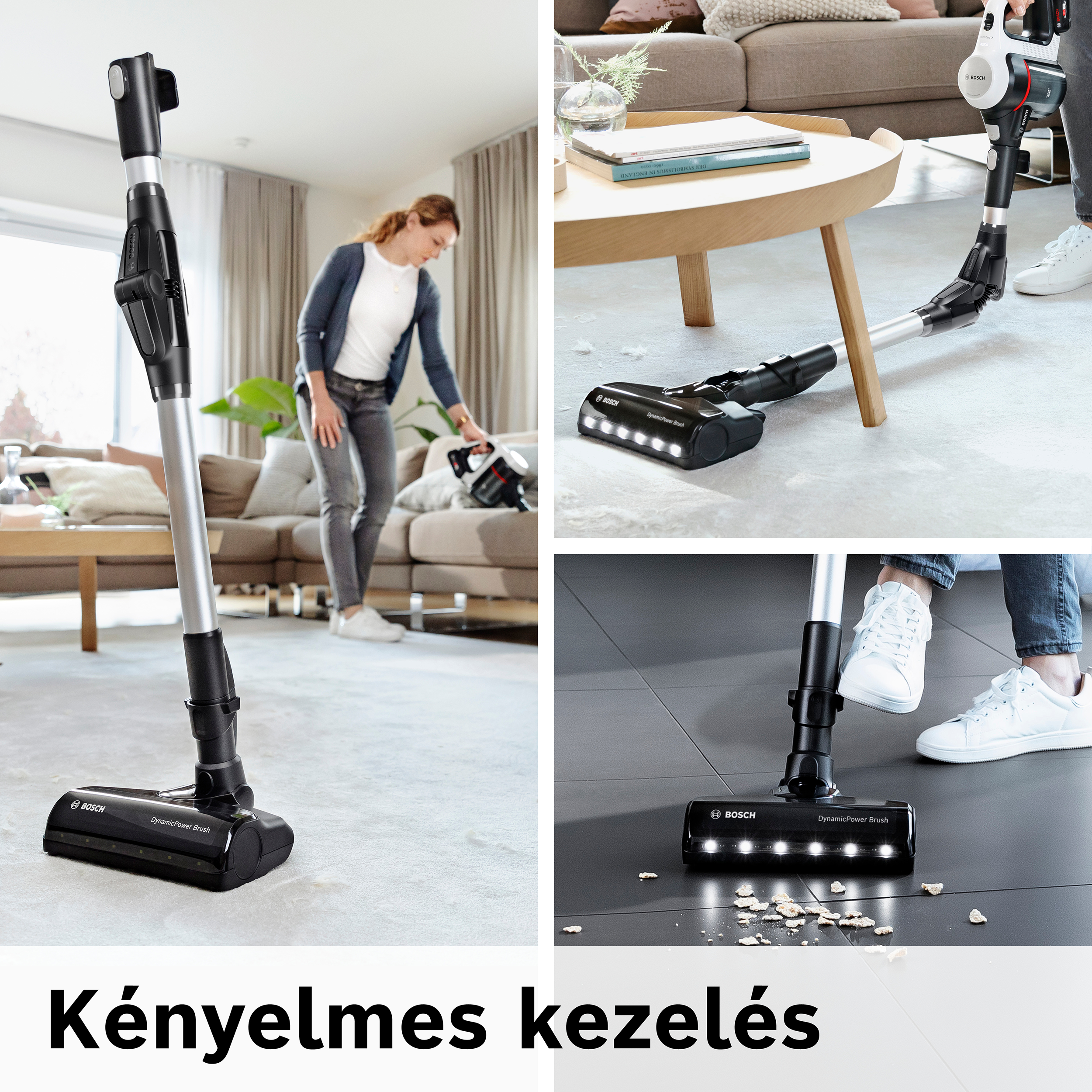 A képen egy Bosch porszívó látható használat közben. Az emberek szőnyegen és kemény padlón használják. A 'Kényelmes kezelés' szöveg látható.