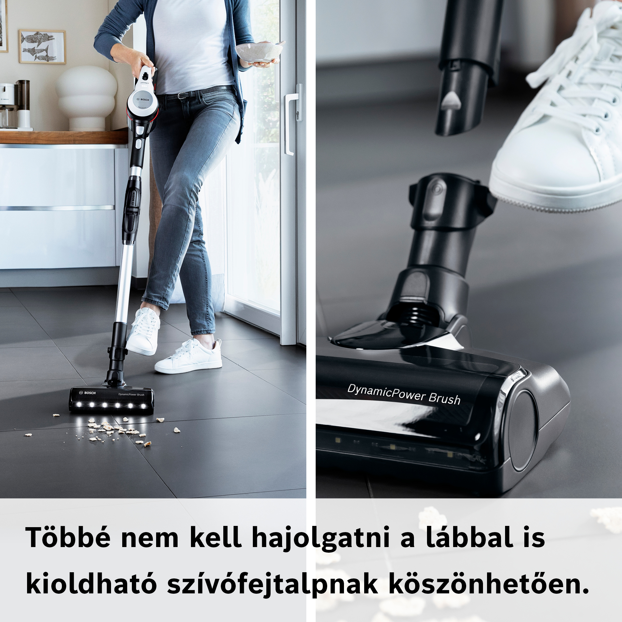 Egy nő vezeték nélküli porszívót használ. A porszívó fekete és ezüst. Fehér tornacipők láthatók. A padló sötétszürke.