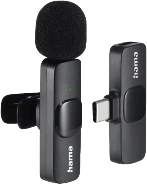 Dos micrófonos inalámbricos negros Hama. Uno tiene un clip y un cabezal de micrófono. El otro tiene un conector USB-C.