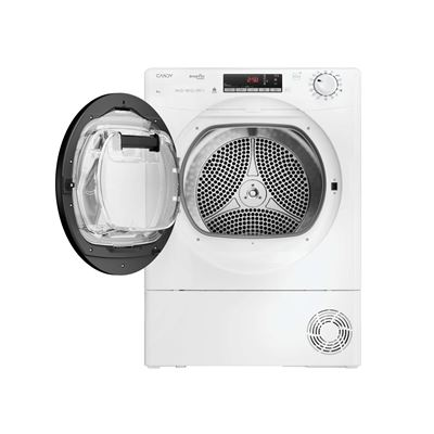 Una secadora blanca con la puerta abierta, mostrando el tambor interior y la puerta. La marca de la secadora es visible arriba.