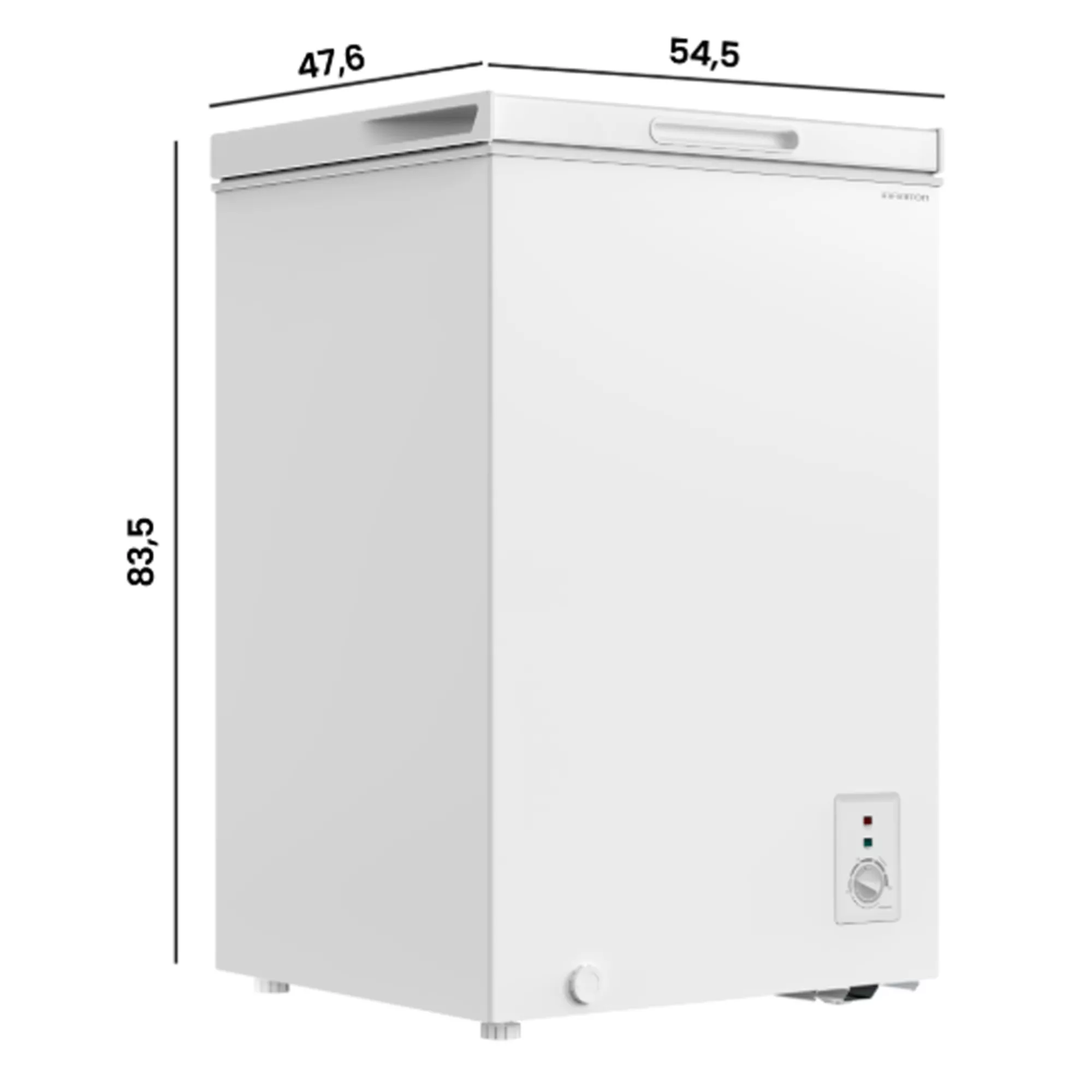 Congelador blanco con dimensiones. Tiene panel de control y asa superior.