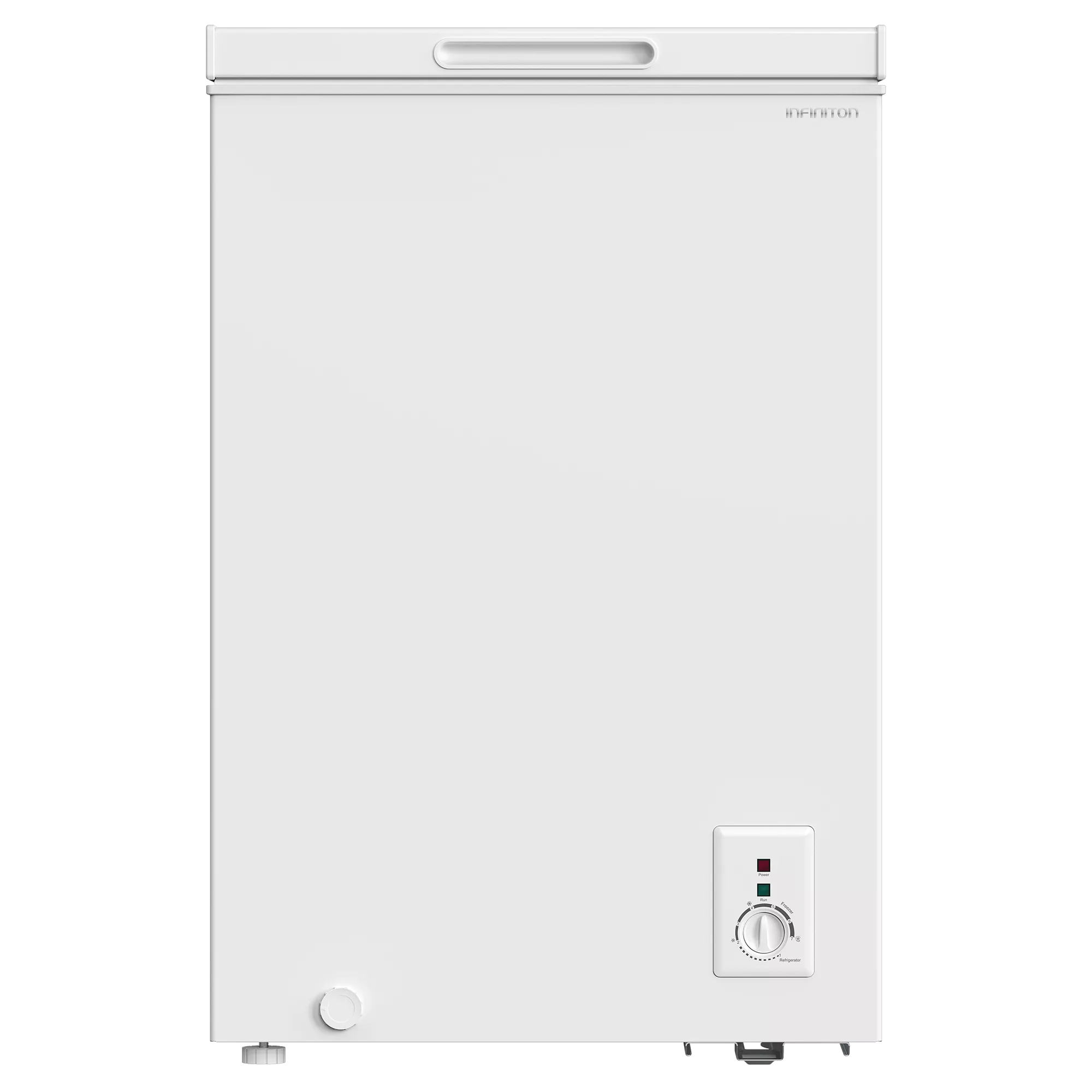 Un congelador blanco. Tiene un asa, un panel de control con un dial y la marca. El congelador está cerrado.