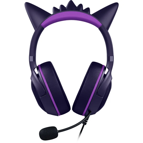 Auriculares con orejas de gato. Azul oscuro con detalles morados. Un micrófono está adjunto. El fondo es blanco.