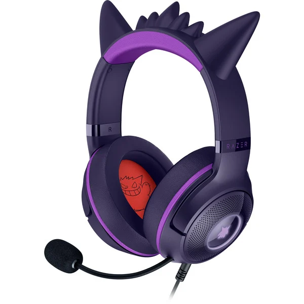 Auriculares Razer morados con orejas de gato y diseño de Gengar. Con micrófono, logo Razer y cable.